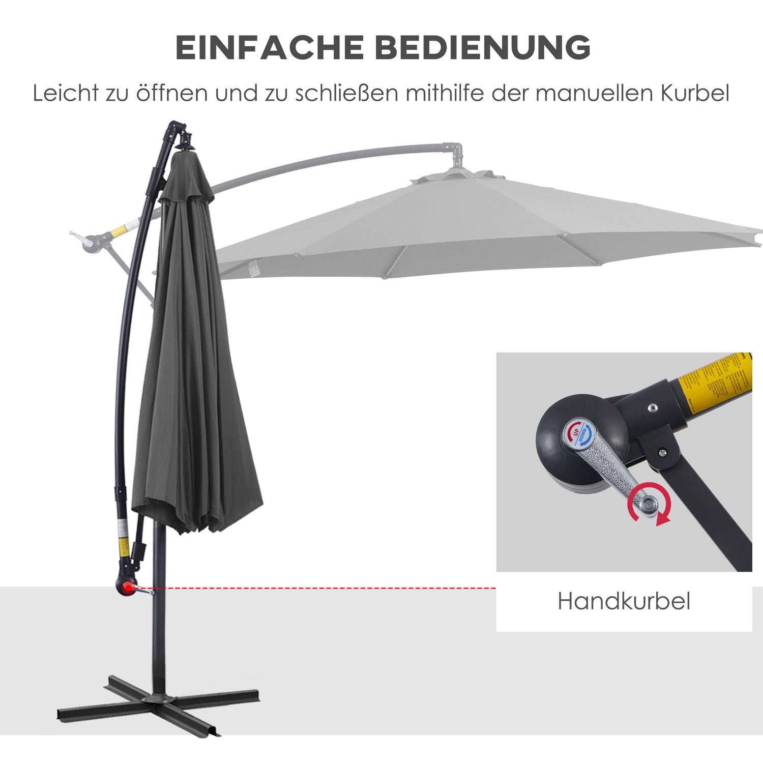 Parasol Crank Paraplu, Grijs, Ø2,95x2,45M, Stalen frame