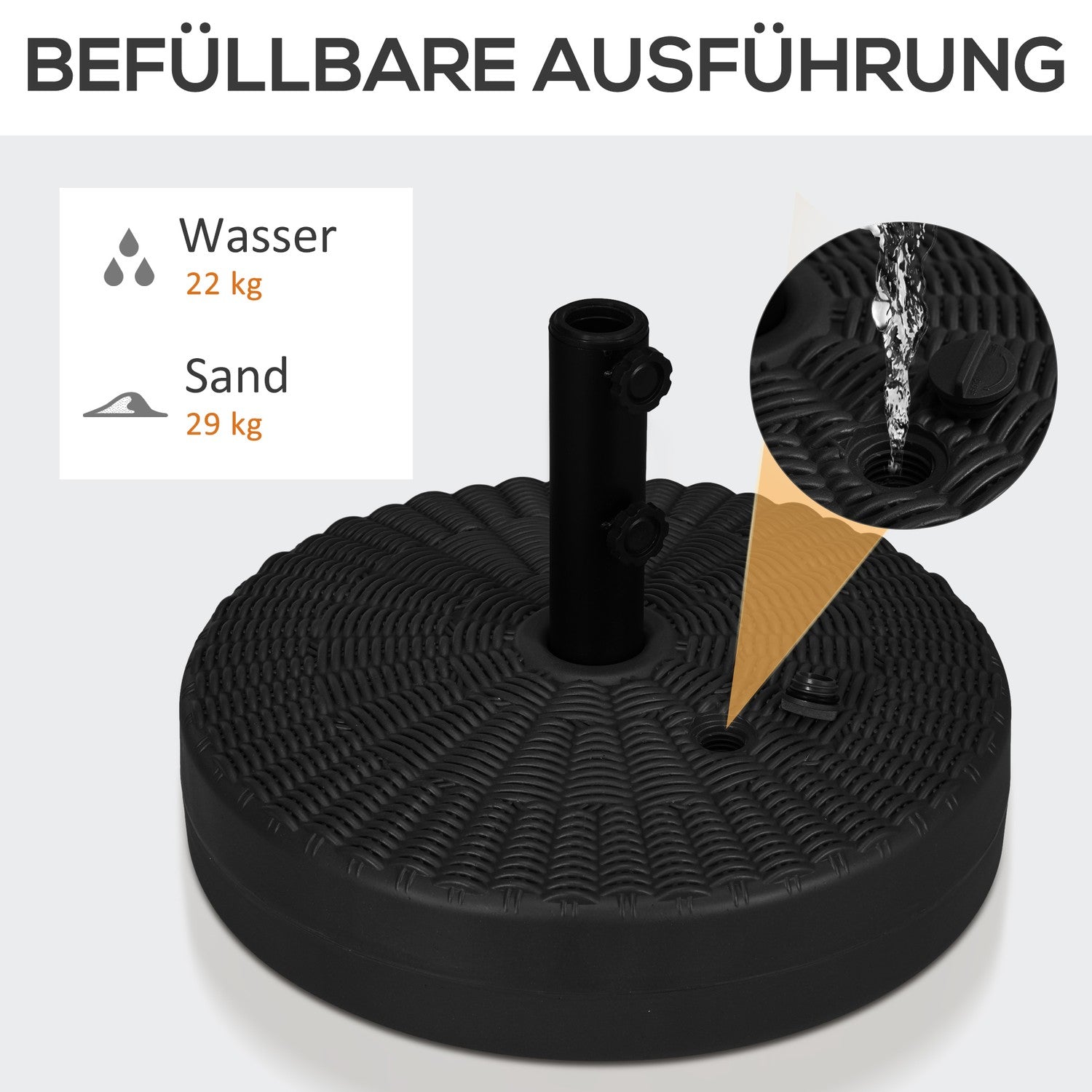 Parasolvoet 29 kg, zwart, rotanlook, geschikt voor Ø38/48 mm stokken