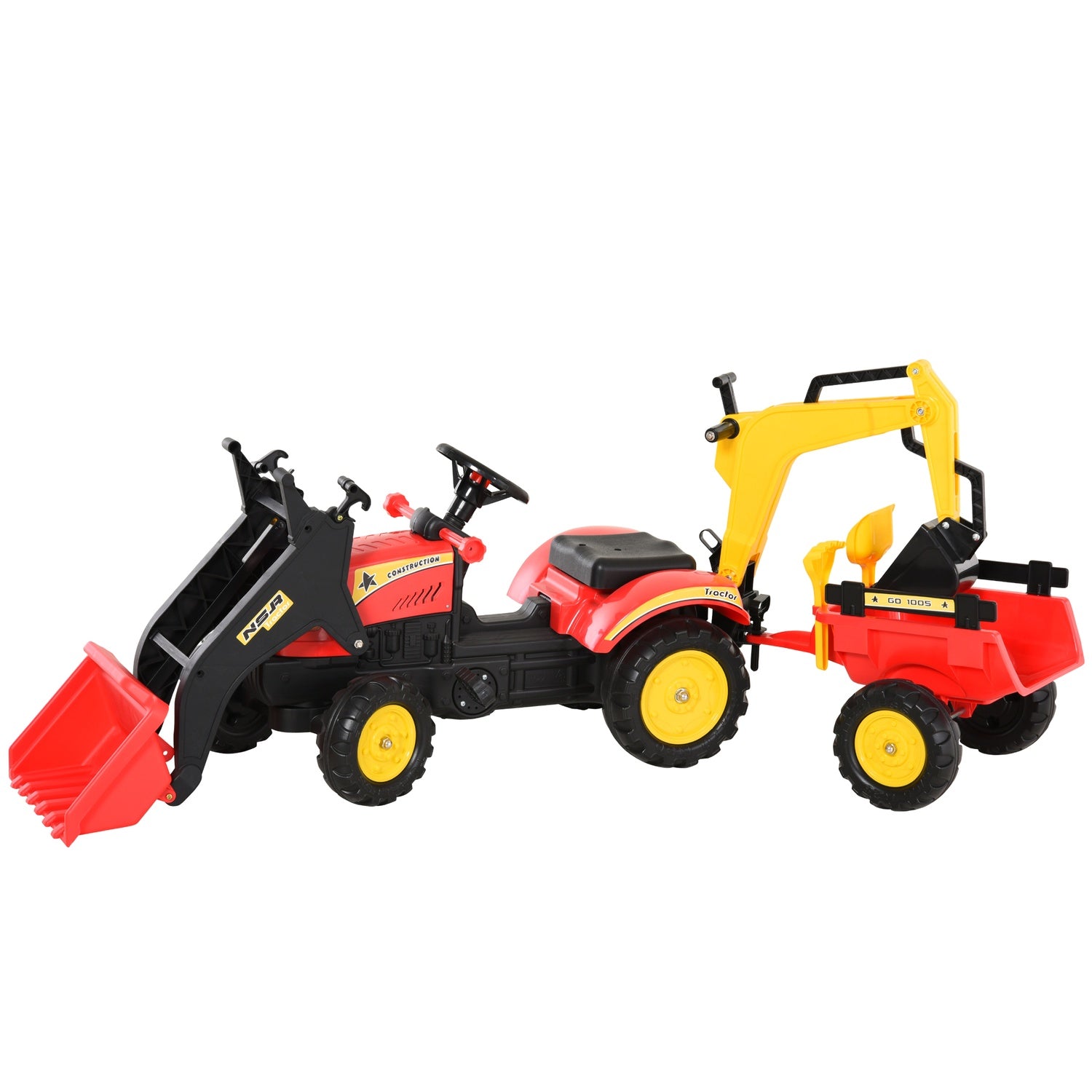 Kindertraktor met pedalen, aanhanger en voorlader, rood