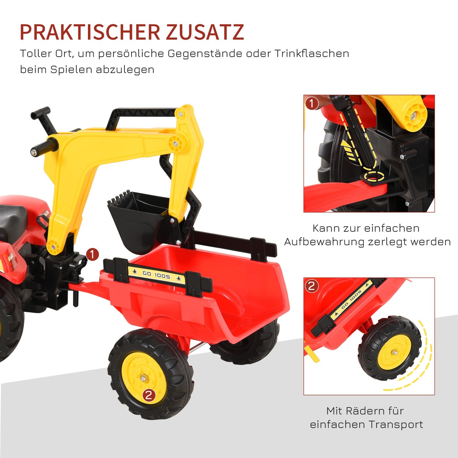 Kindertraktor met pedalen, aanhanger en voorlader, rood