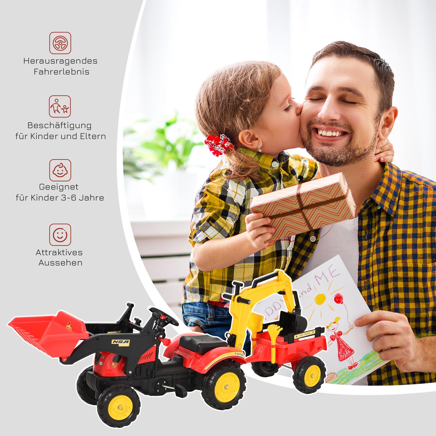 Kindertraktor met pedalen, aanhanger en voorlader, rood