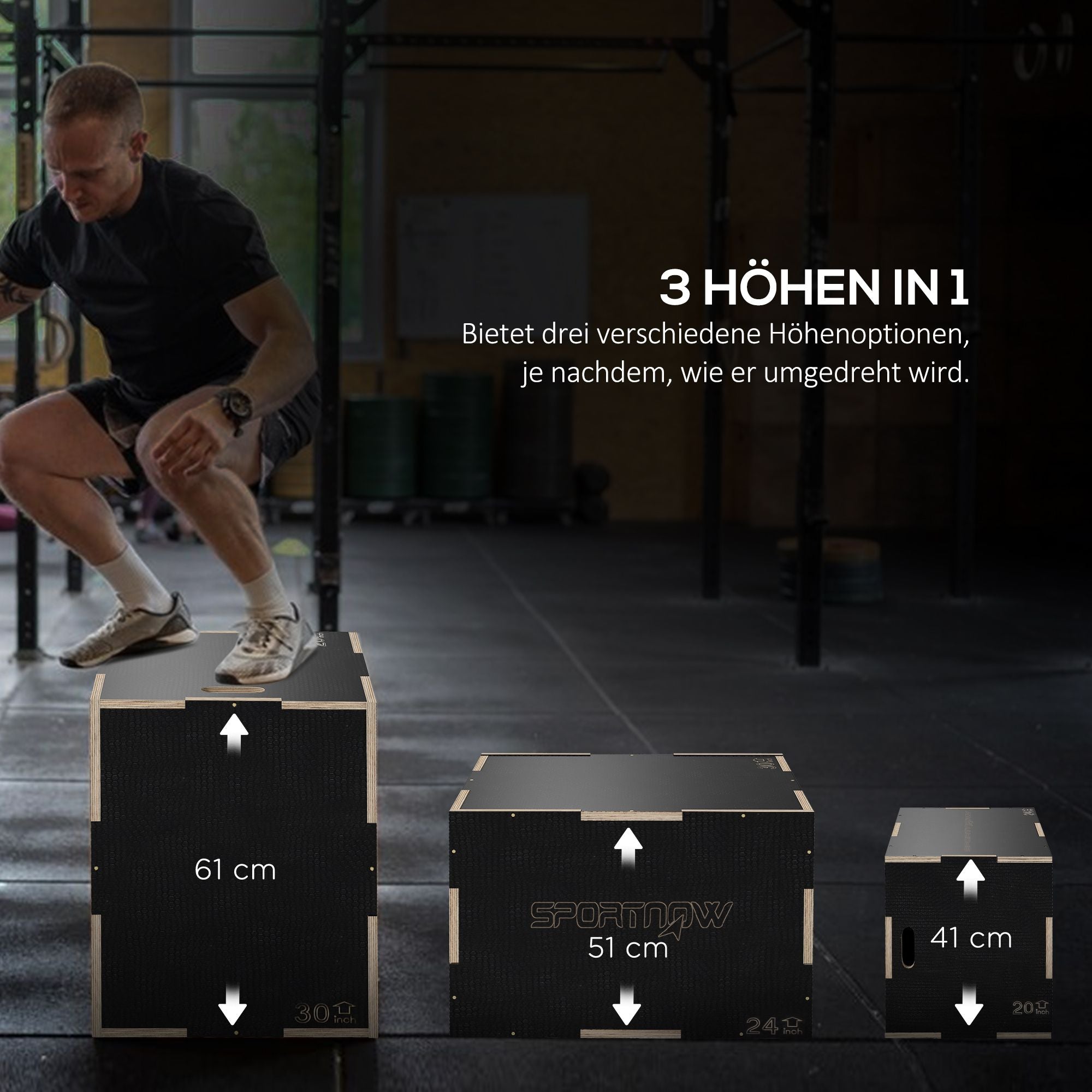 Plyobox, 3 höjder, 61x51x41 cm, svart, 120 kg kapacitet