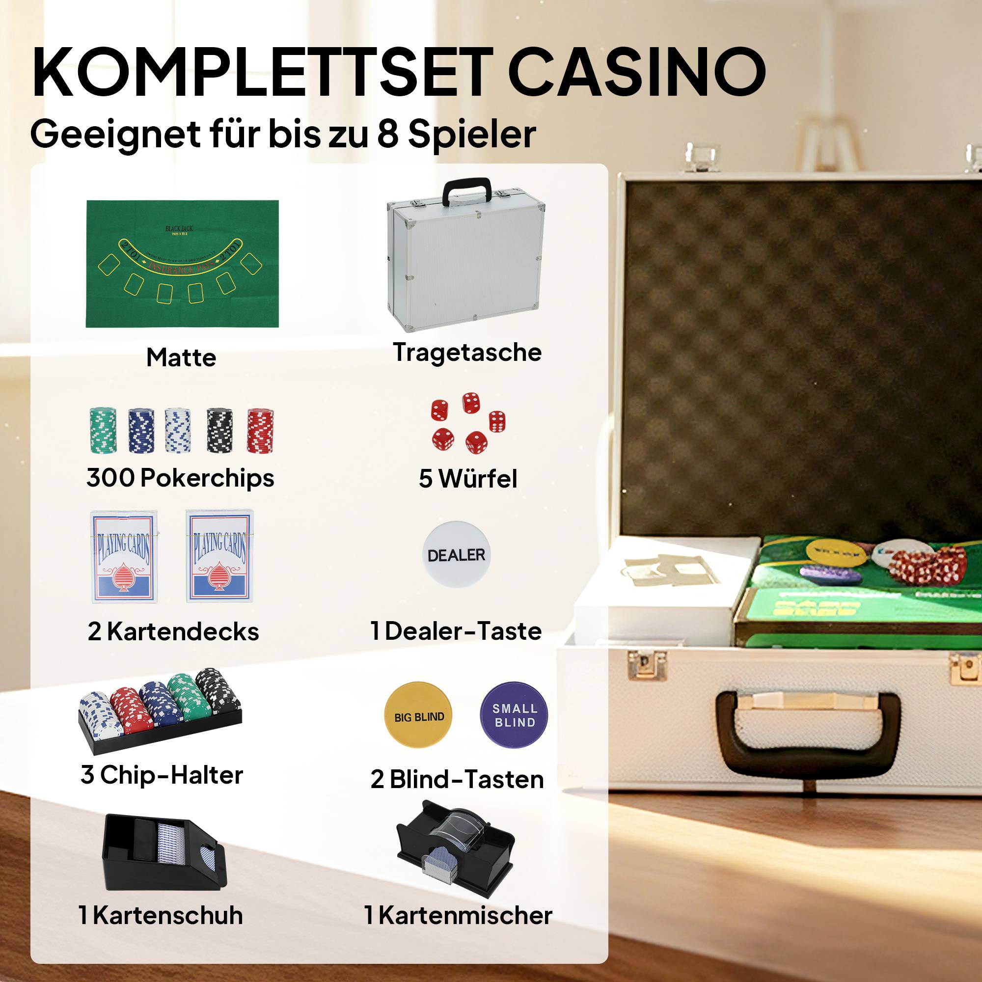 Pokerset med 300 marker, 2 kortlekar, tärningar, fodral för 8 spelare