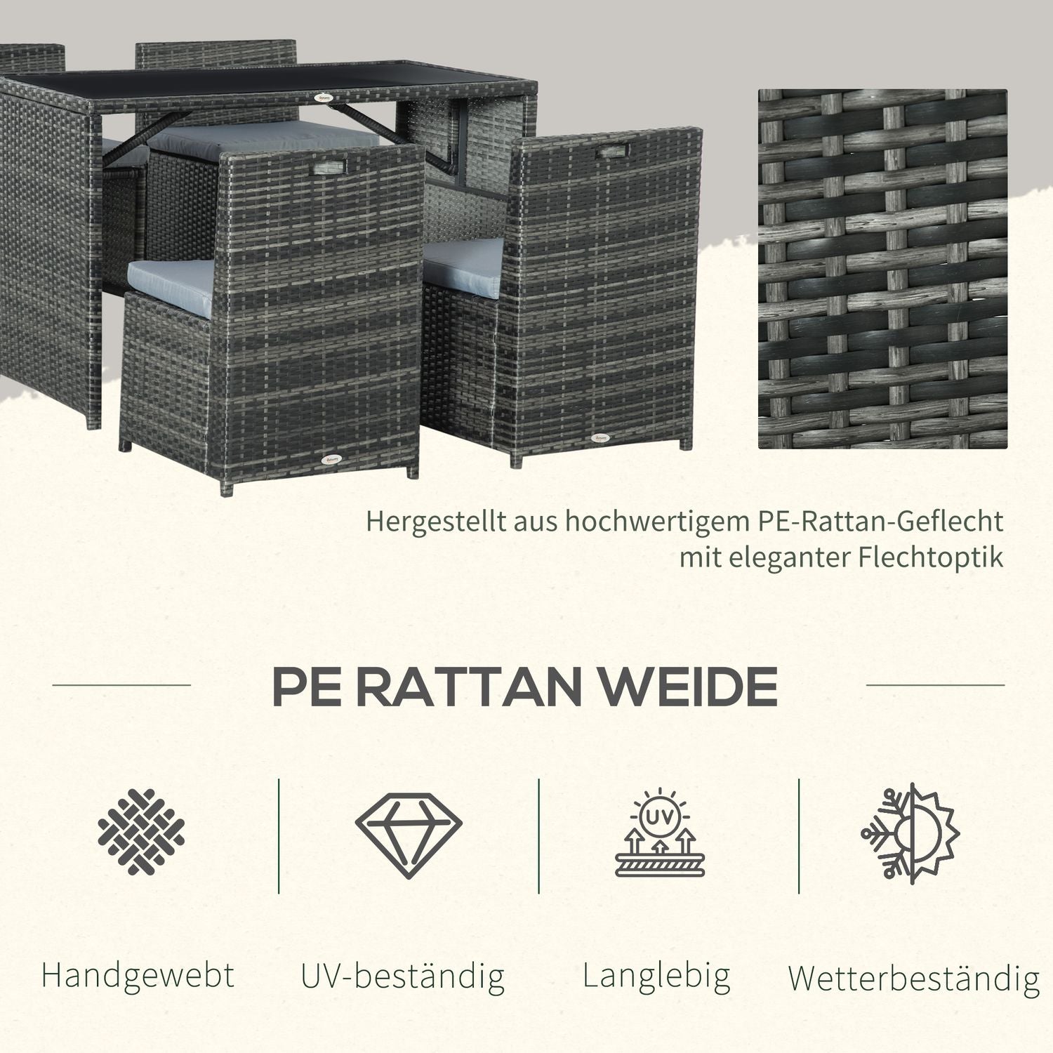 Polyrattan tuinset voor 4 personen, Stalen frame, Grijs