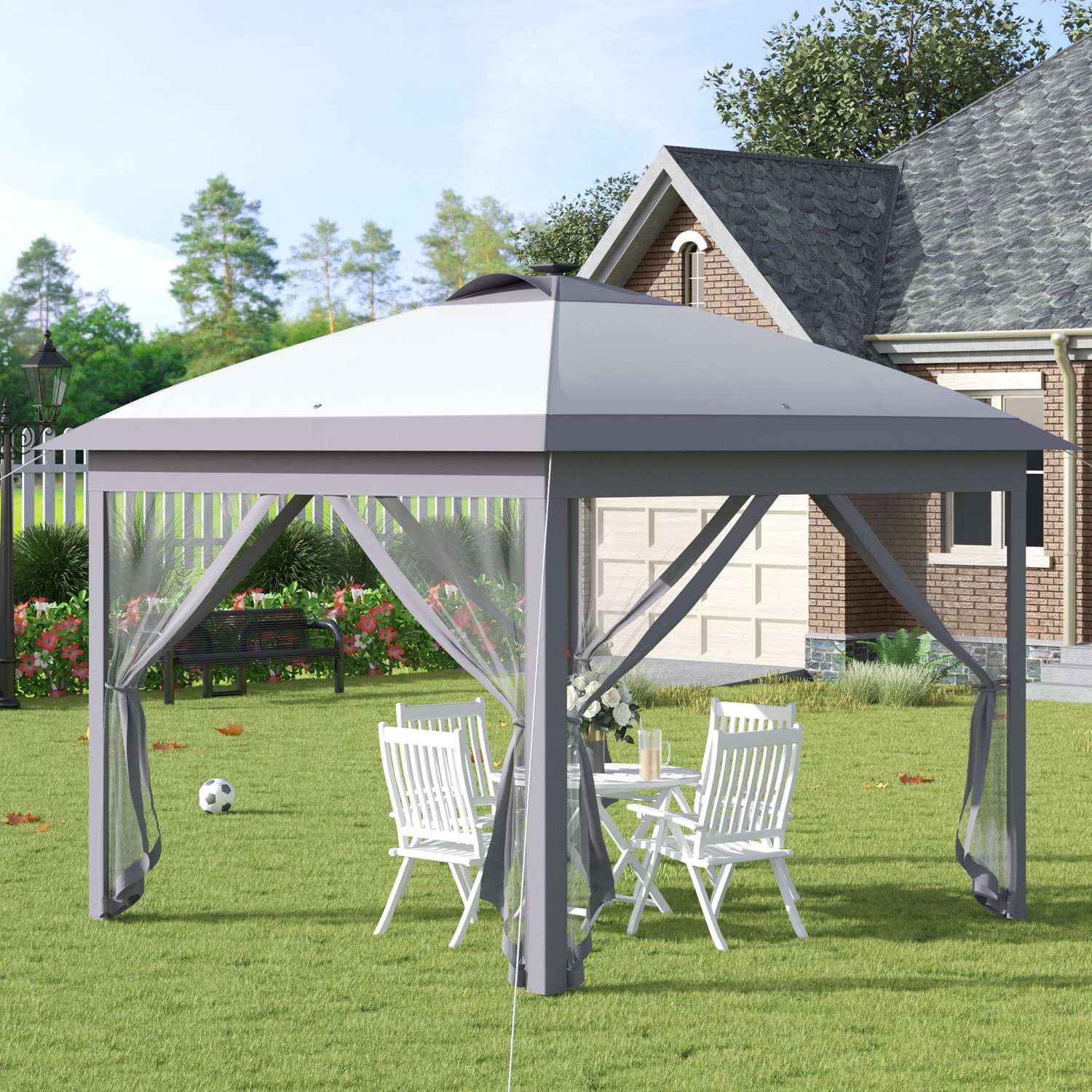 Pop-Up Partytent 3,3x3,3M met LED, Gaaswanden, Zonnescherm
