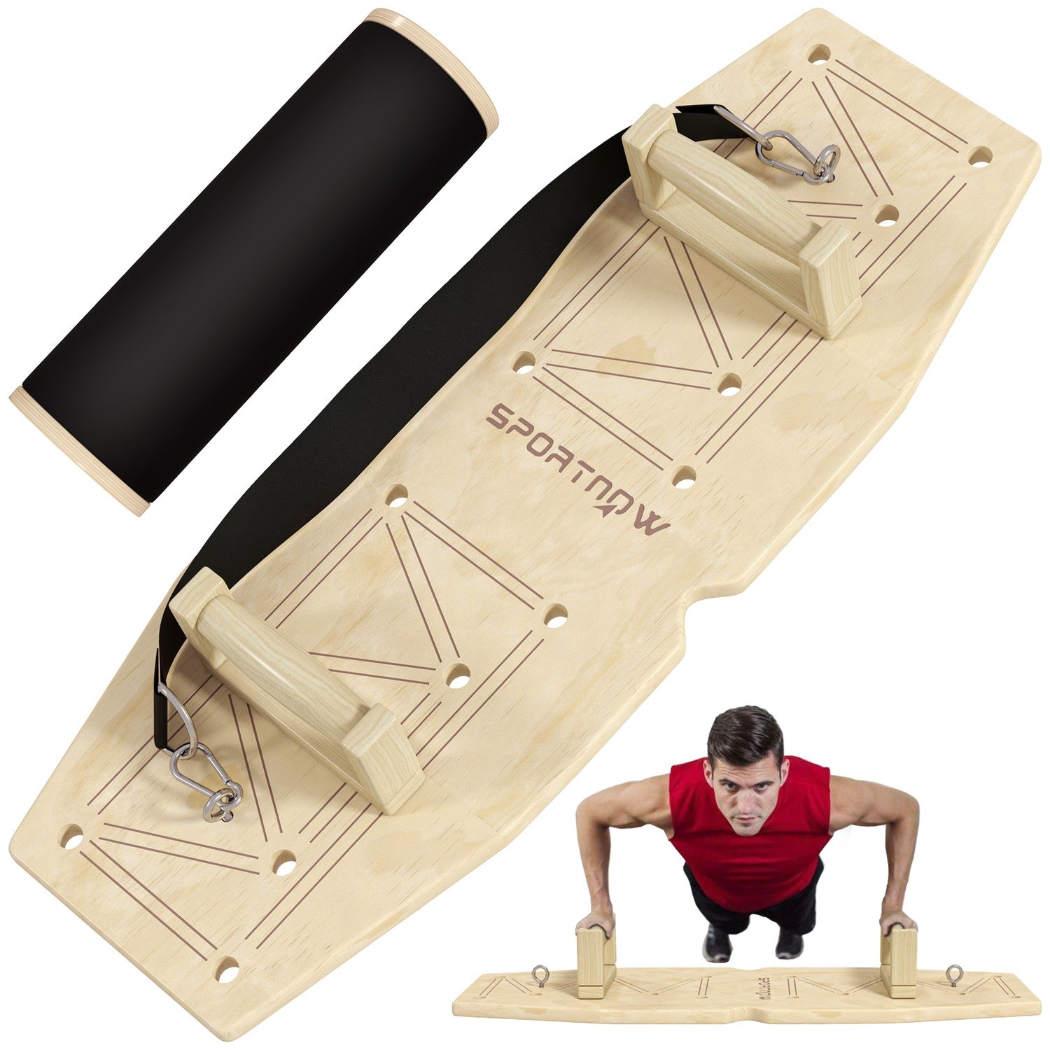 Maniglie per flessioni in legno con elastici, 11 esercizi