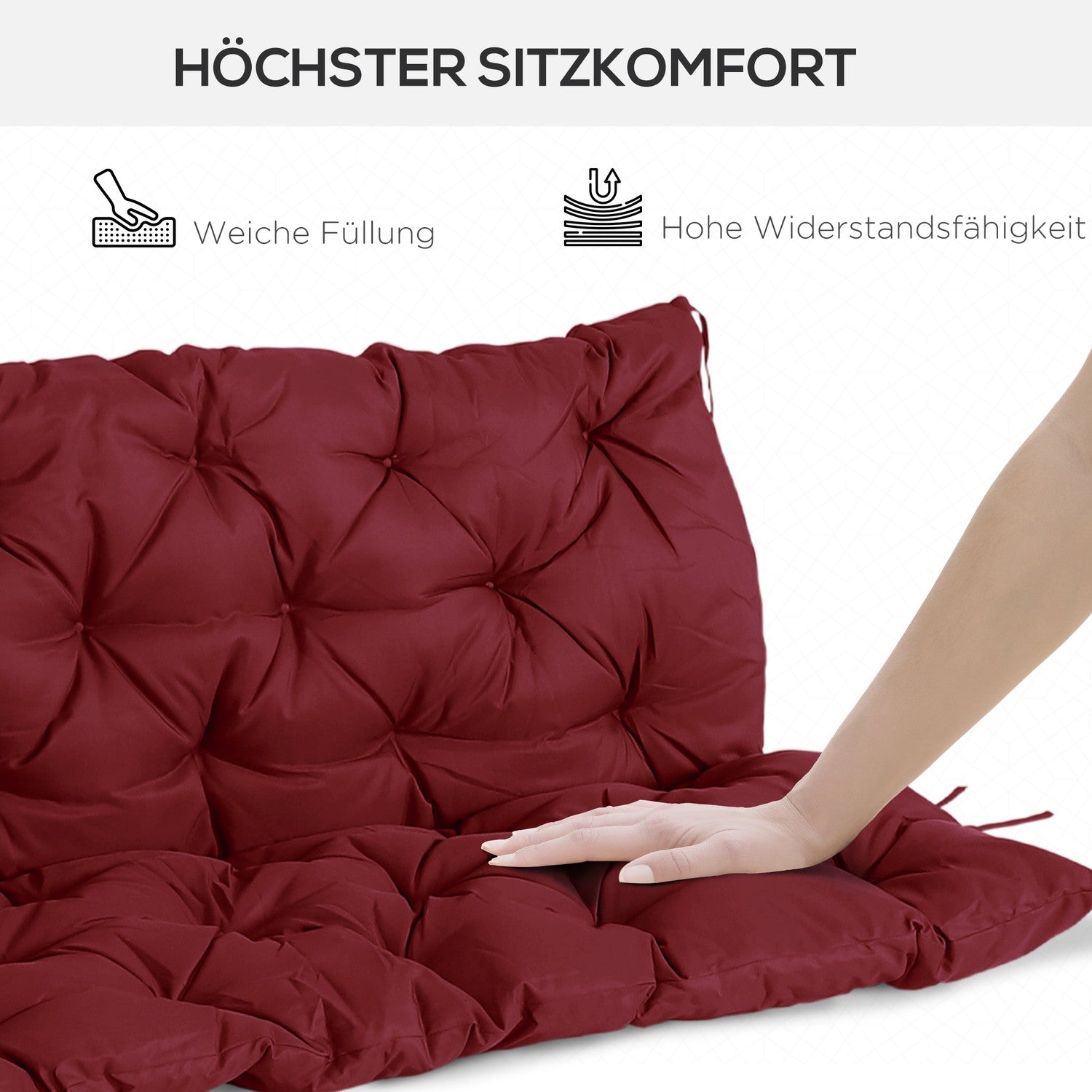 Rotes Outdoor-Bankkissen mit Bändern, 3-Sitzer, 150x98x8 cm
