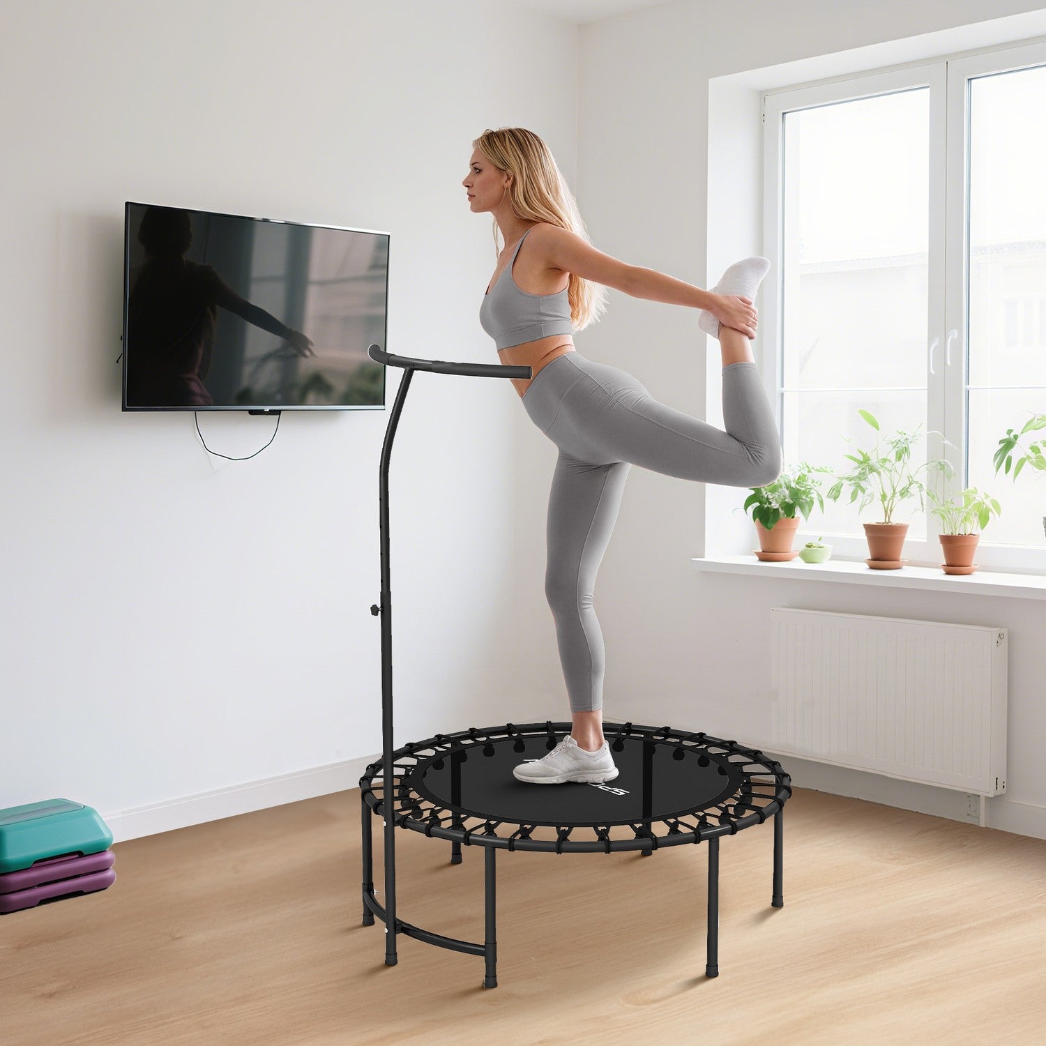 Rebounder-trampolin, justerbart handtag, svart