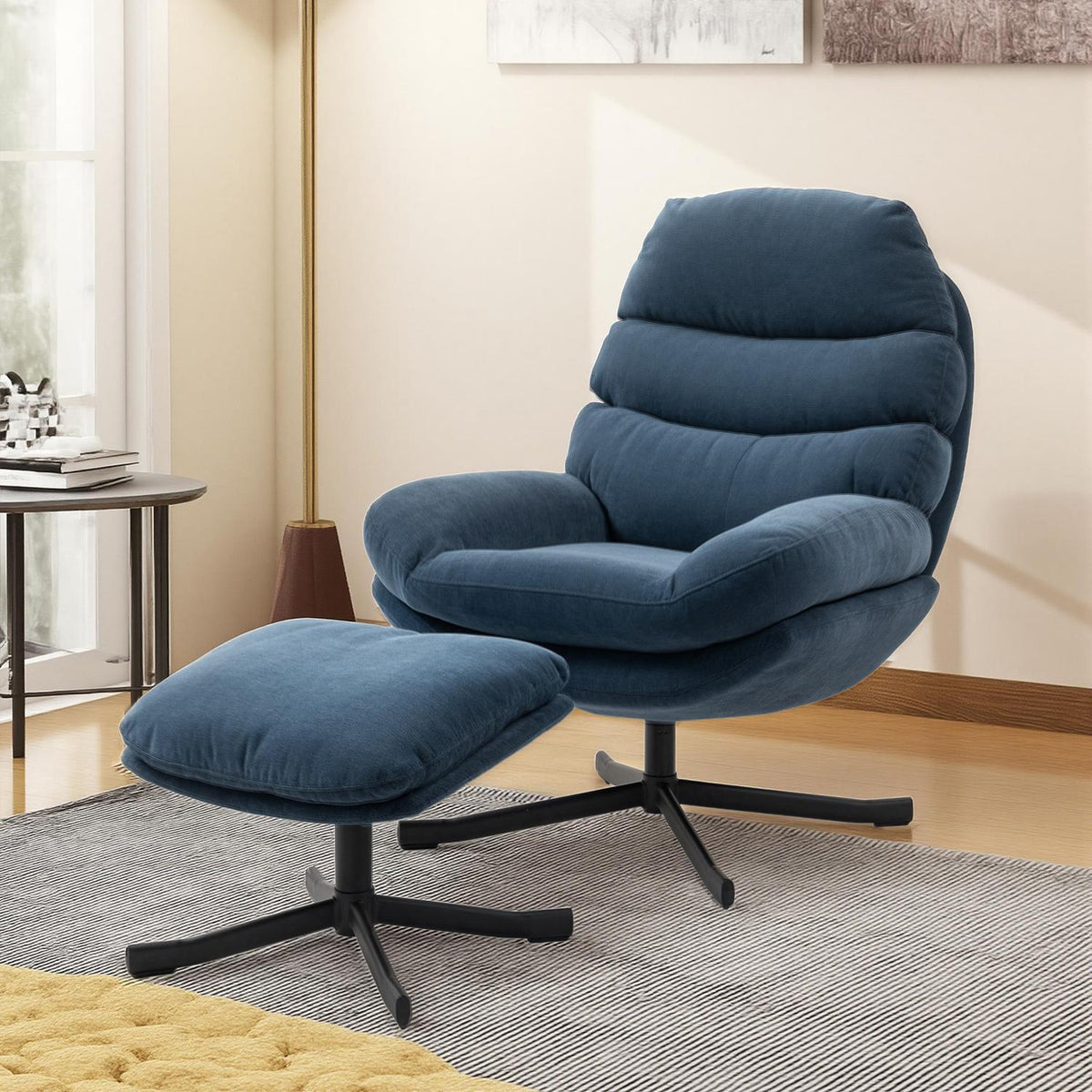 Relaxfauteuil met voetenbank, chenillestof, blauw, 360 graden draaibaar