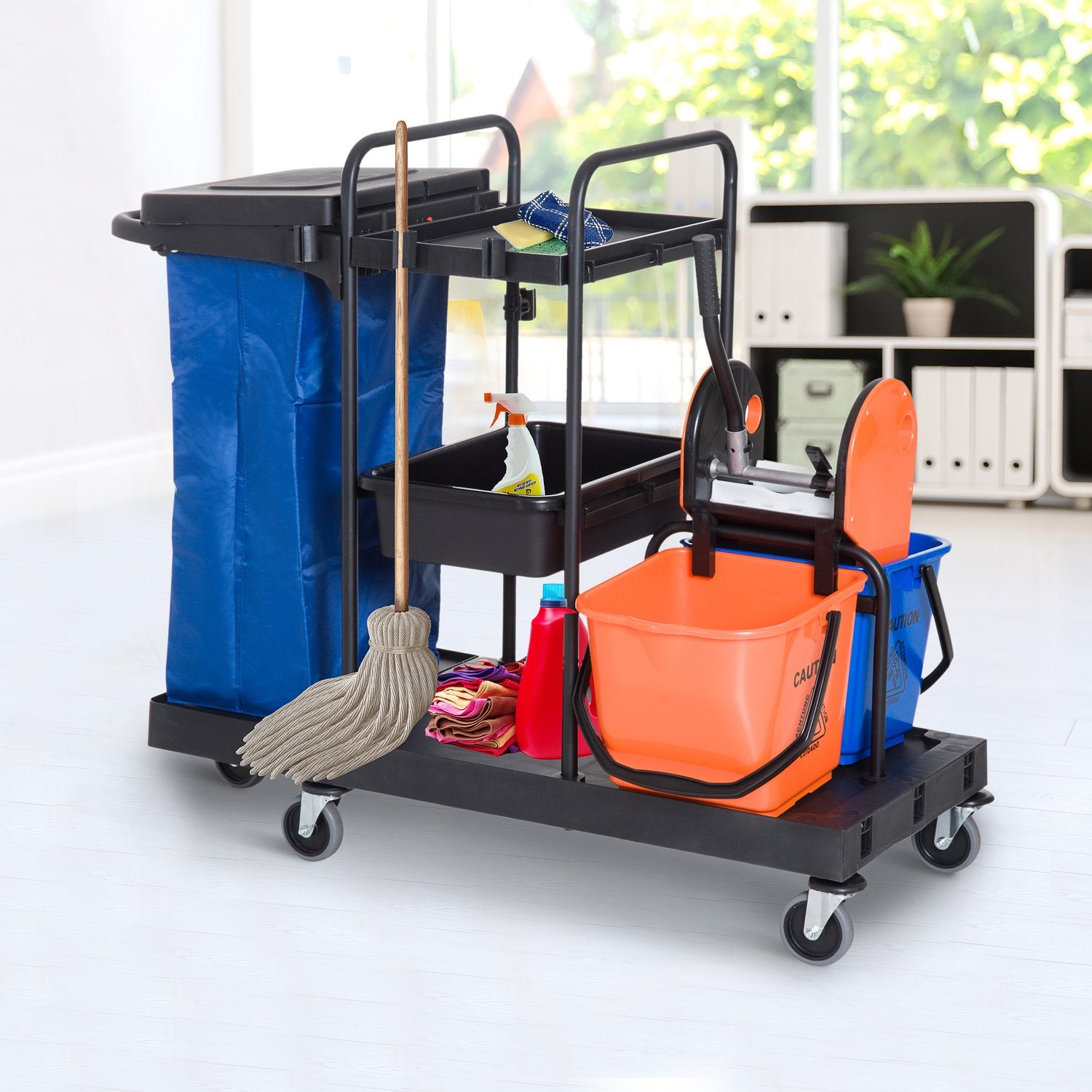 Chariot de ménage à 4 roulettes – 111x63,3x103cm, multicolore