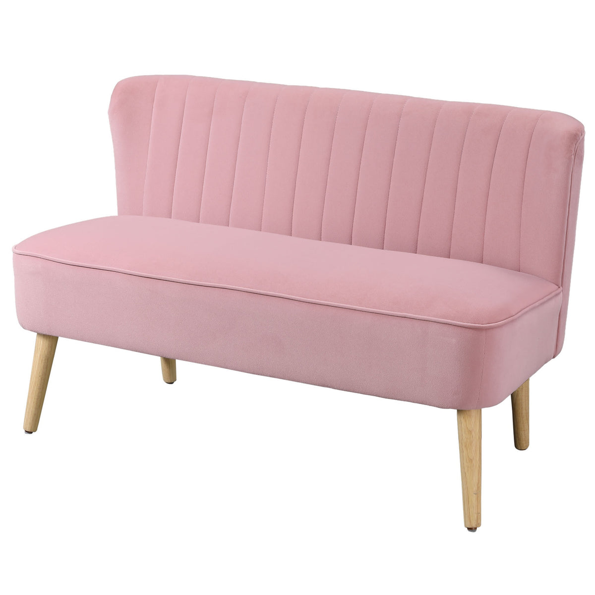 Roze tweezitsbank van stof met houten poten