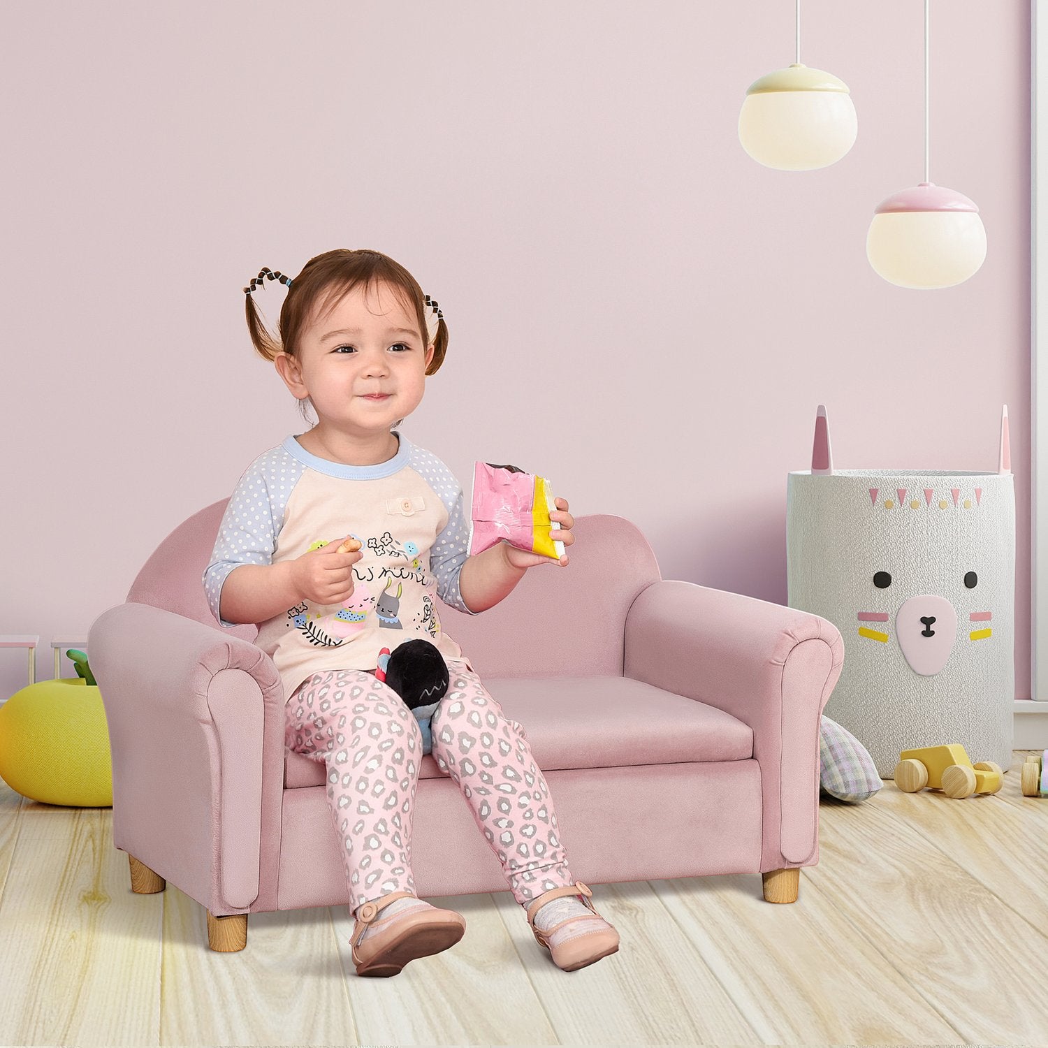 Roze fleecebank voor kinderen met opbergruimte, 2-zits, 3-5 jaar