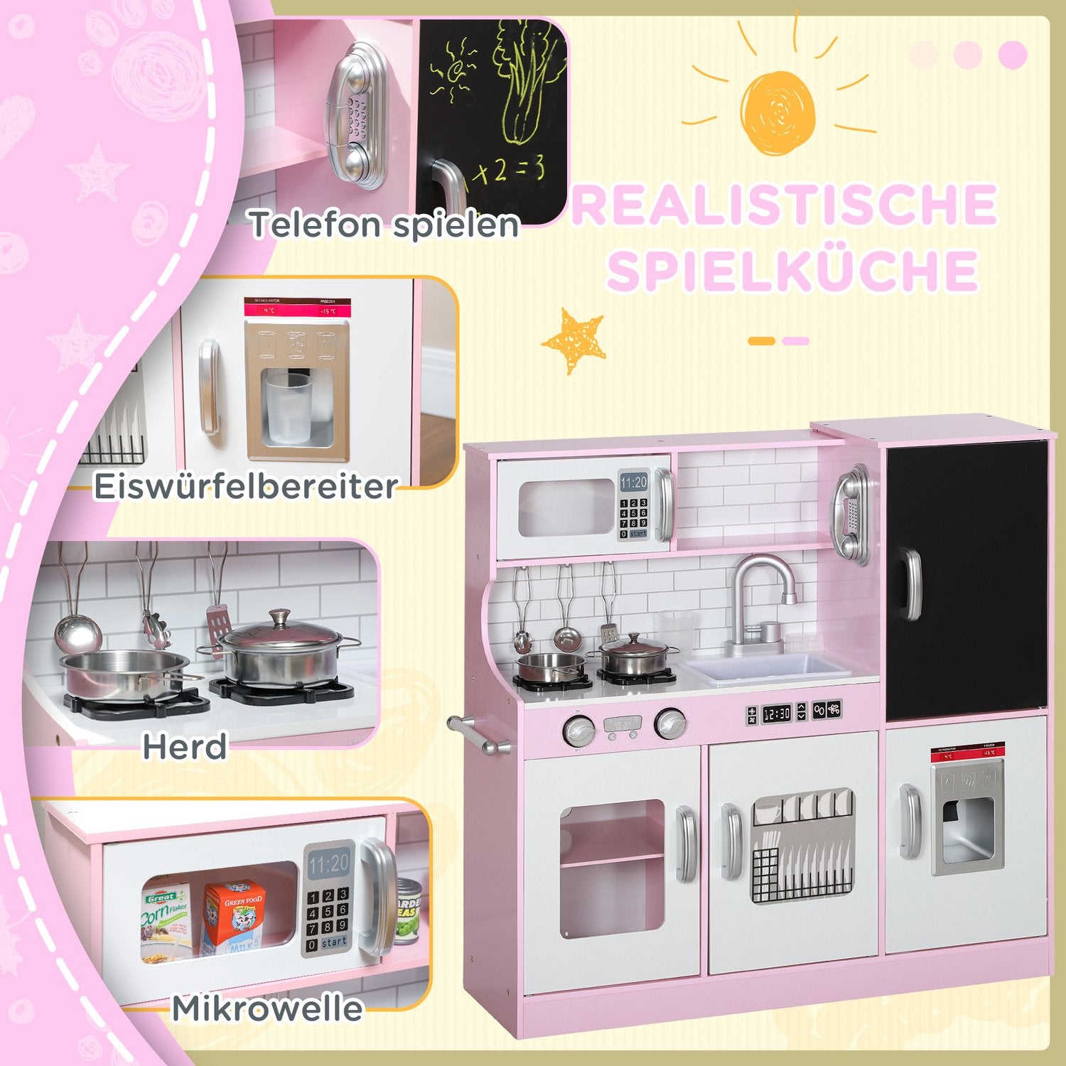 Roze speelkeuken voor kinderen met speelgoedtelefoon en accessoires