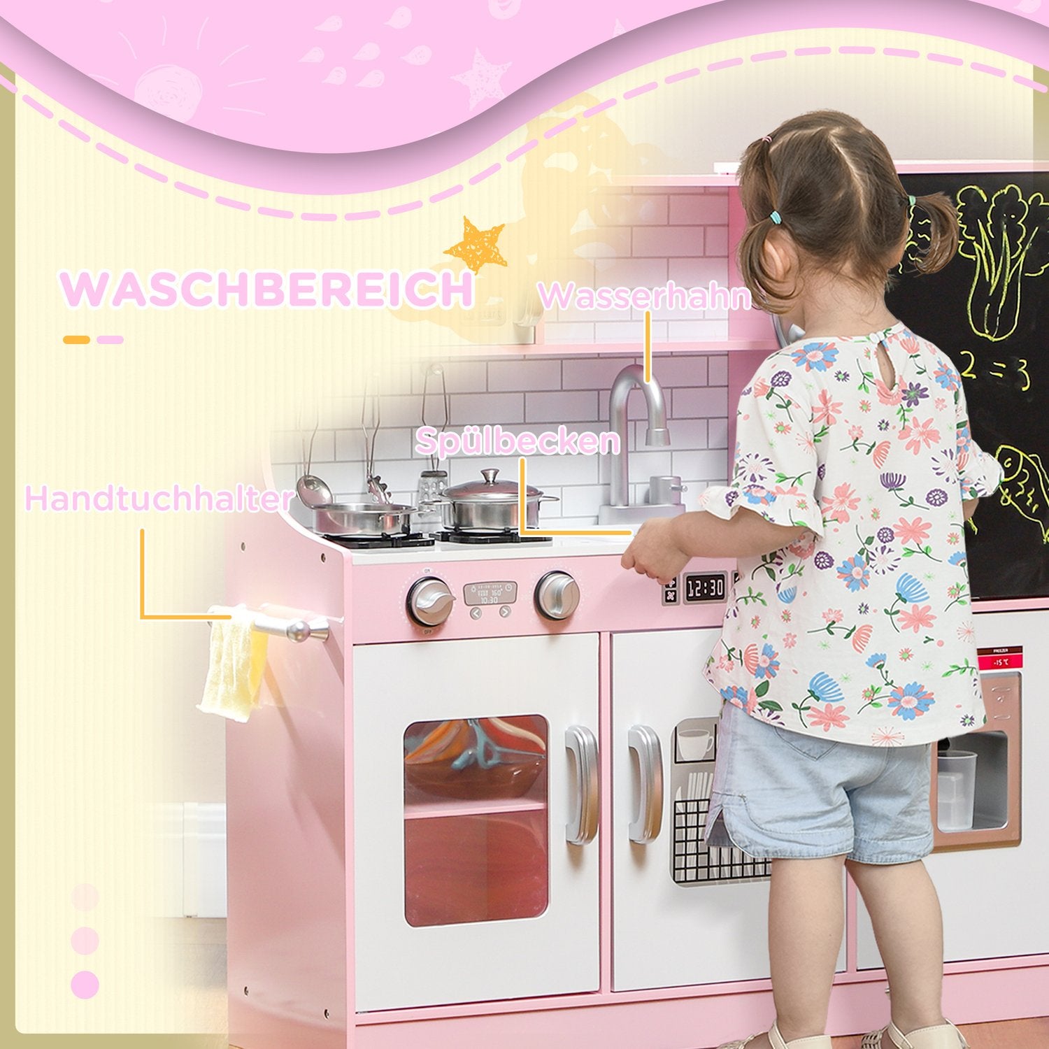 Roze speelkeuken voor kinderen met speelgoedtelefoon en accessoires