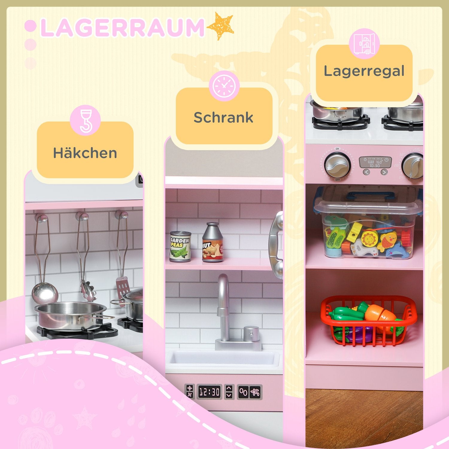 Roze speelkeuken voor kinderen met speelgoedtelefoon en accessoires