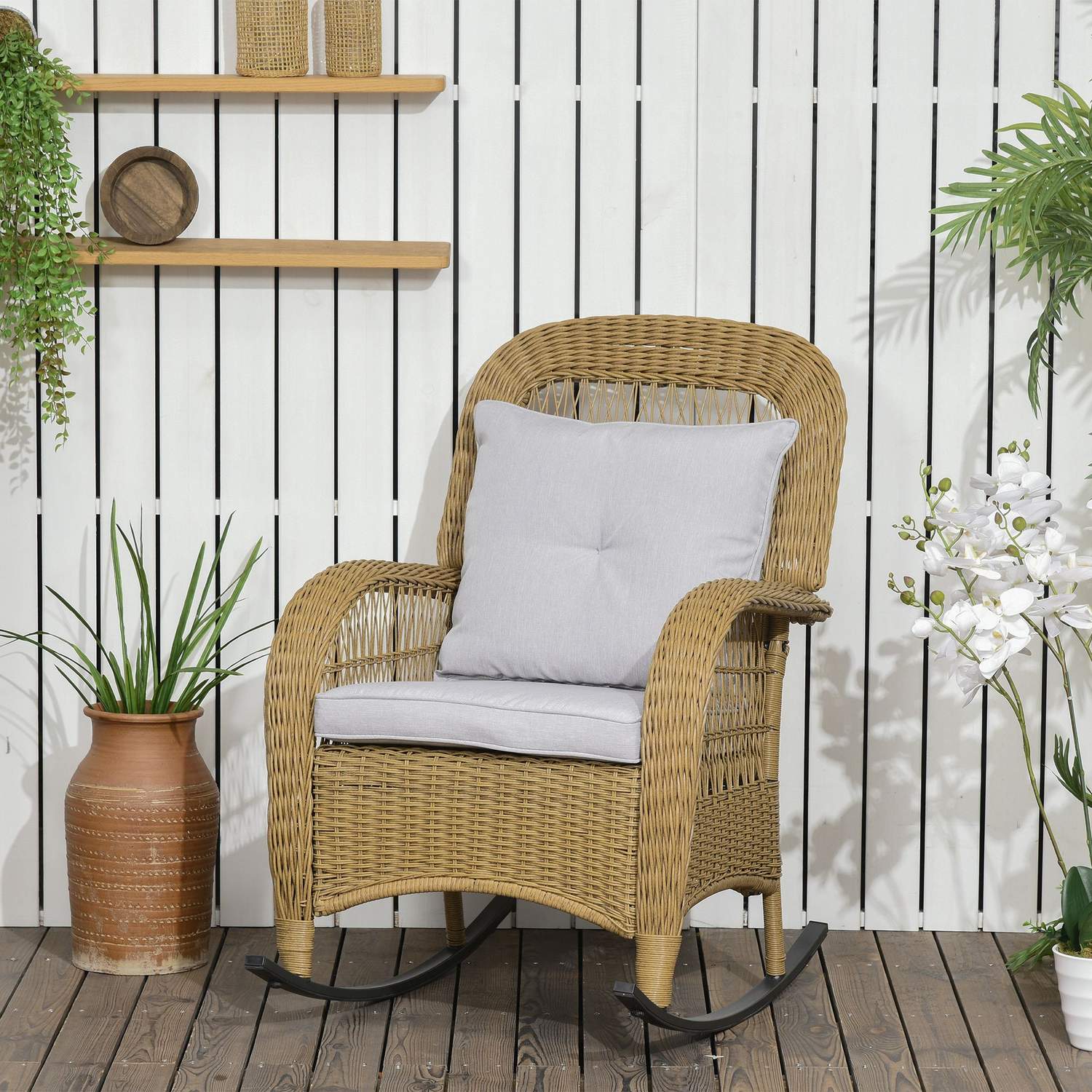 Rotan schommelstoel met kussens, gele, wasbare hoezen