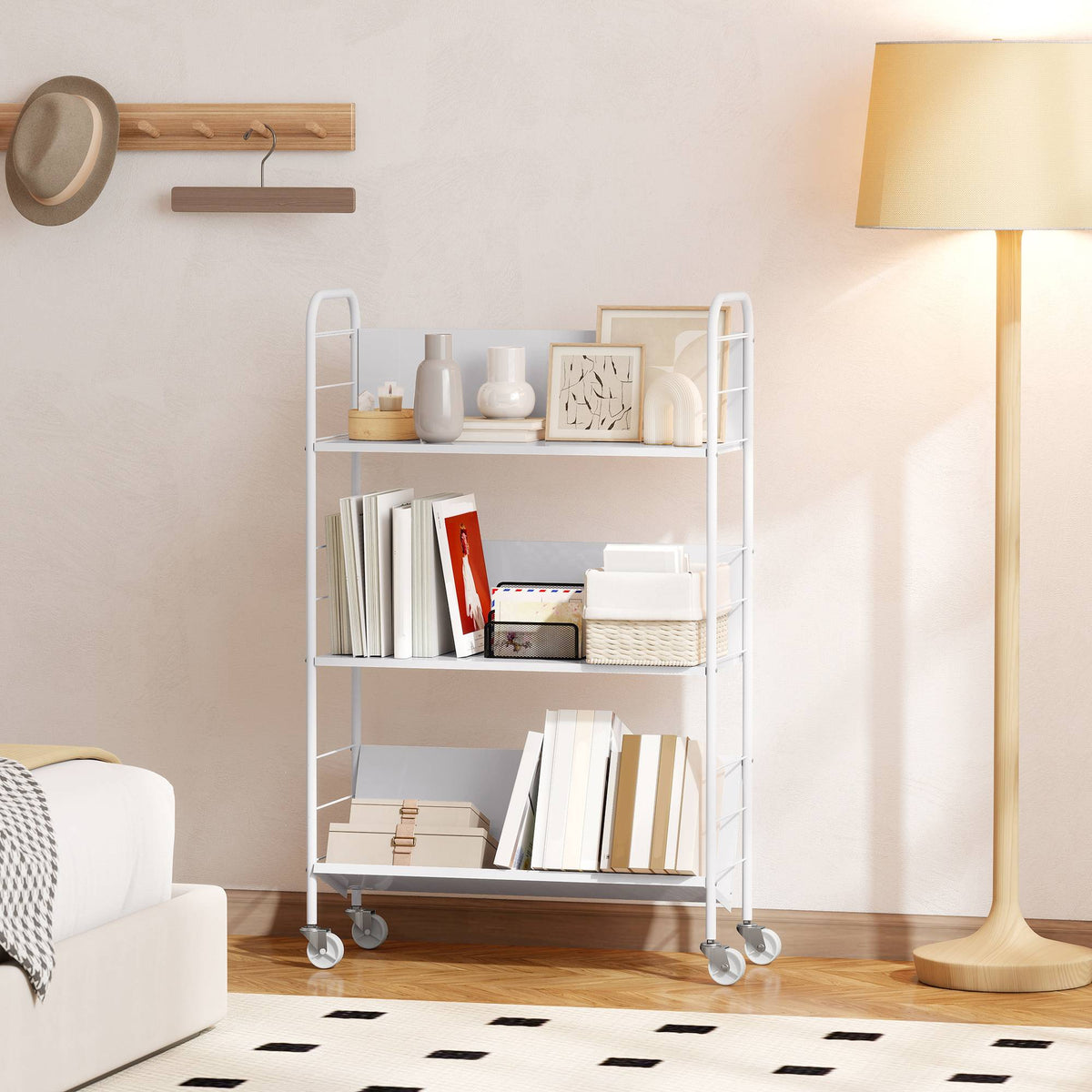 Rijdende metalen boekenkast met 3 niveaus, 69 x 26 x 108 cm, wit