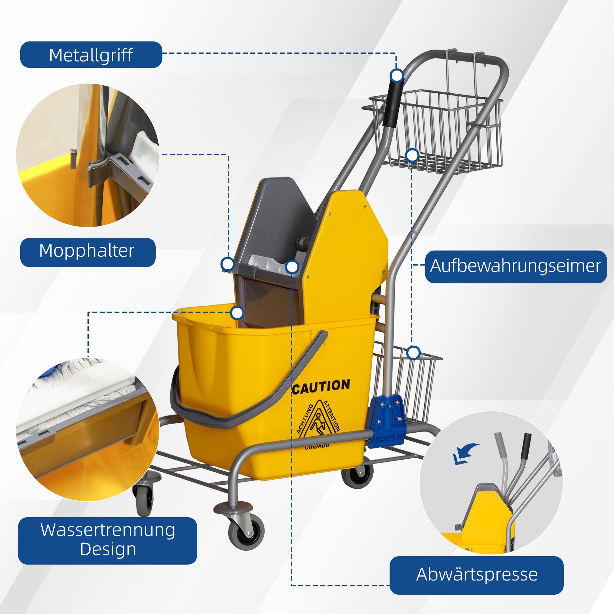 Rullande rengöringshink, 26L, plast, metallhandtag