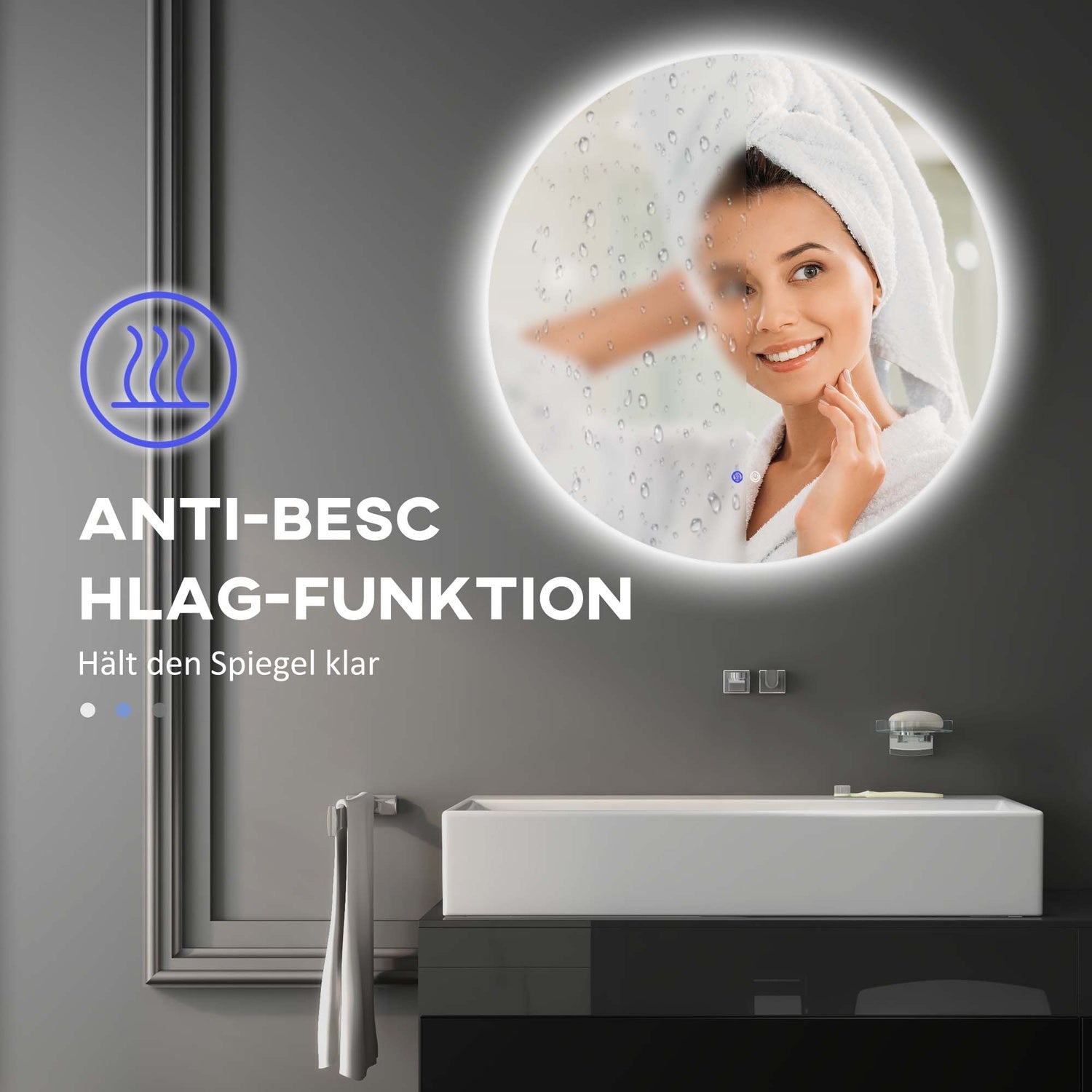 Ronde LED Badkamerspiegel, Touch Schakelaar, Anti-Condens, 3 lichtkleuren