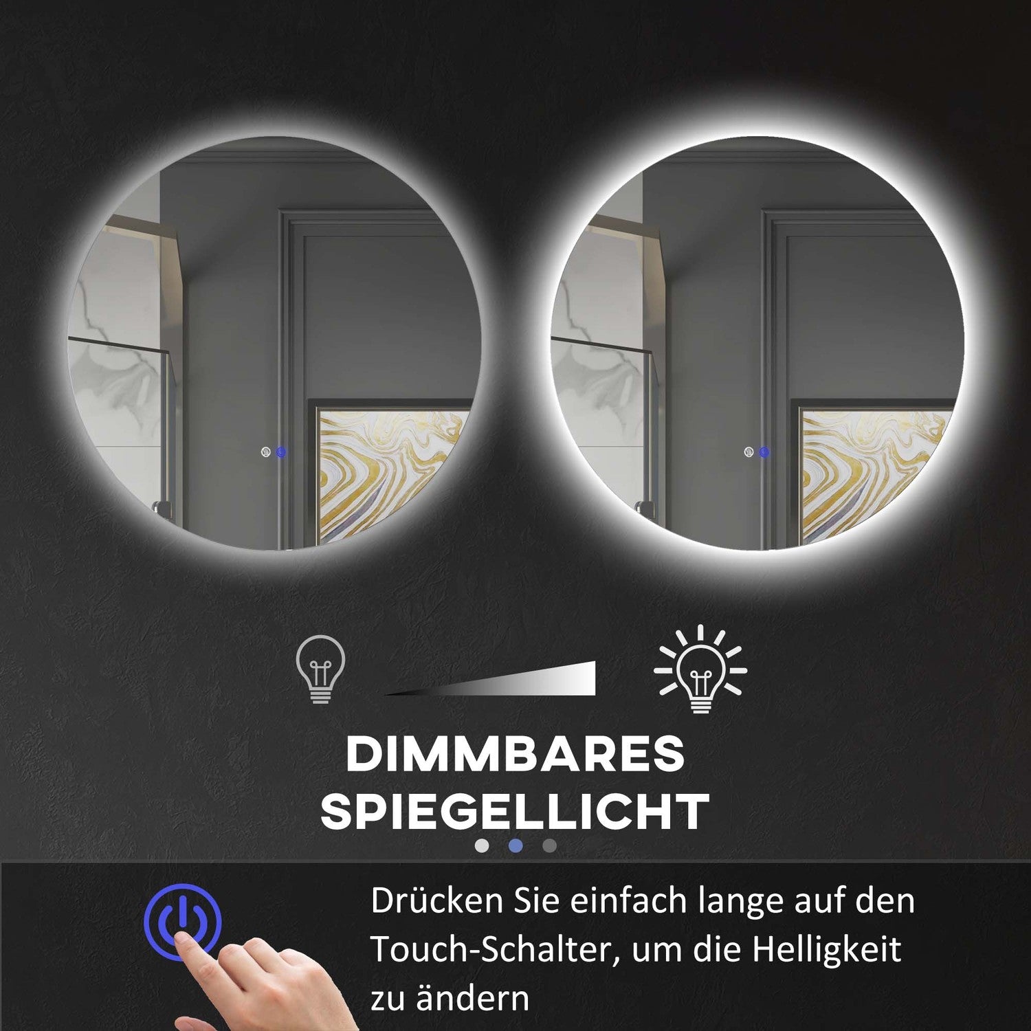 Ronde LED Badkamerspiegel, Touch Schakelaar, Anti-Condens, 3 lichtkleuren