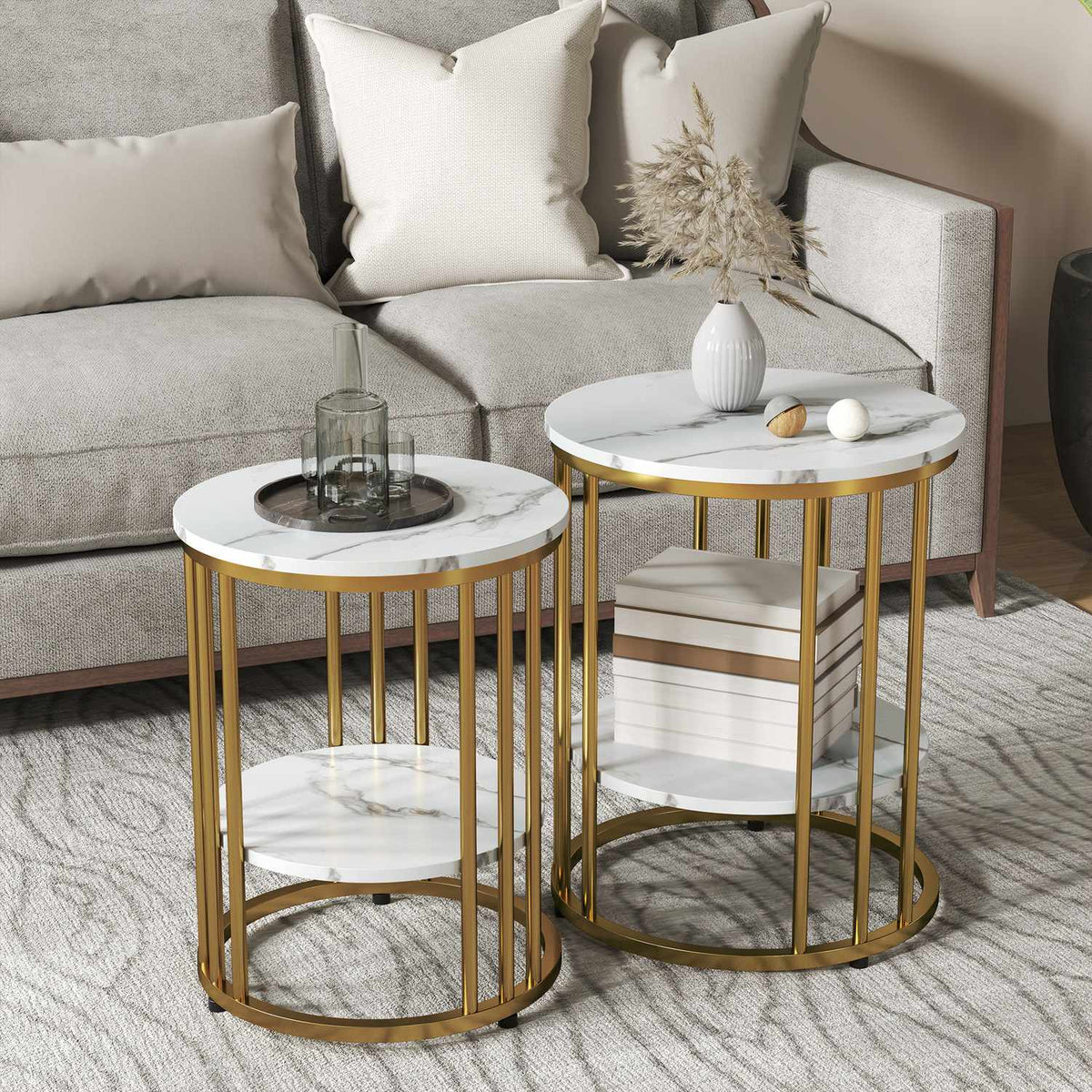 Ronde salontafels met wit marmerlook met plank, set van 2
