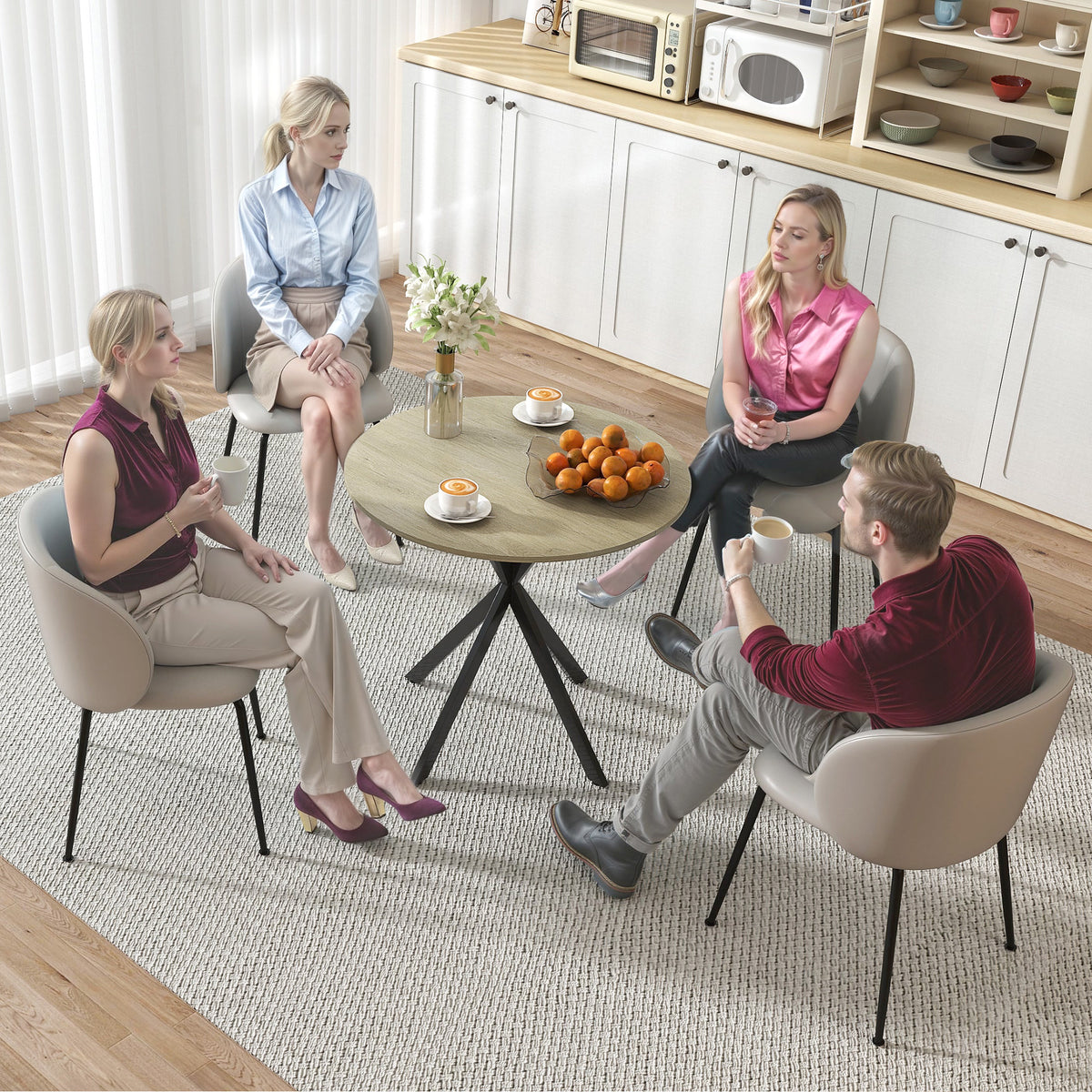 Ronde keukentafel, 80 cm, compact tafelblad, spaanplaat, metaal, wit eiken+zwart
