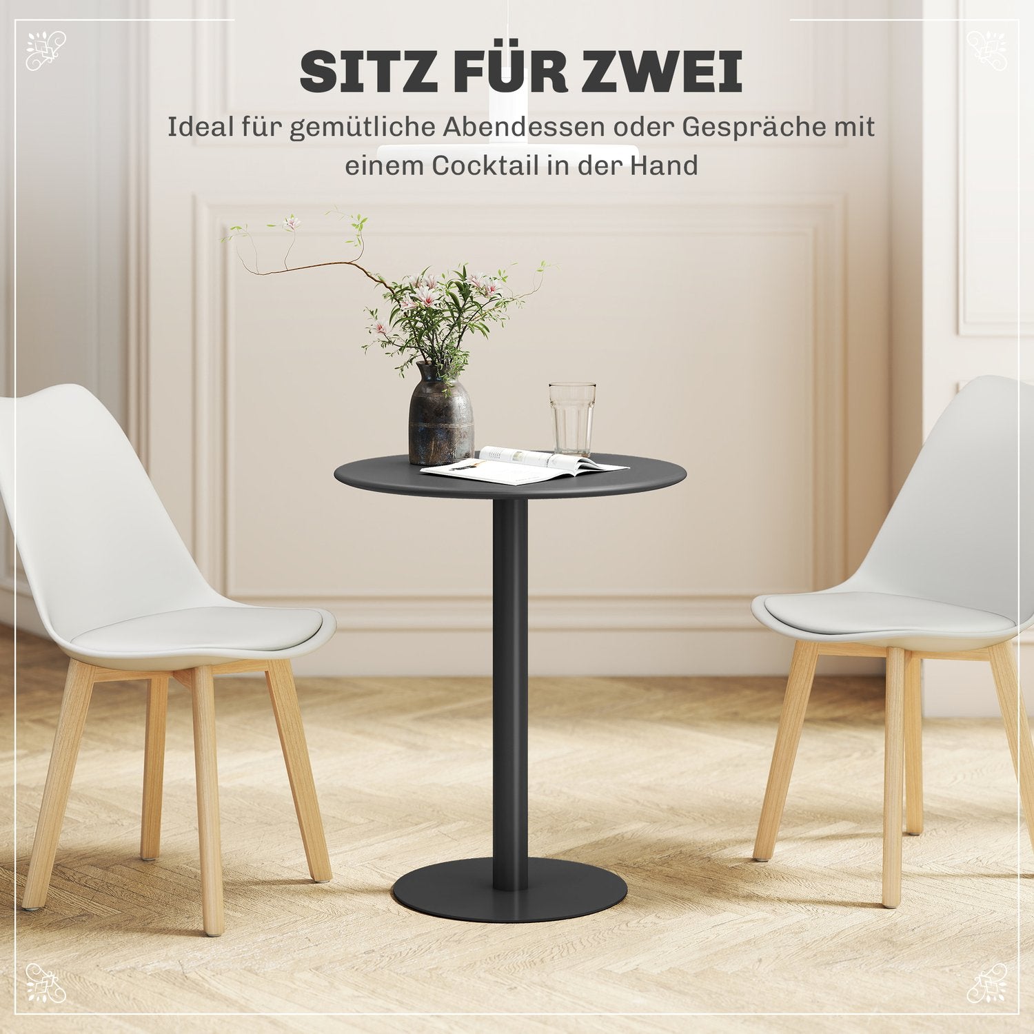Ronde eettafel voor 2 personen, staal, voor binnen en buiten, zwart
