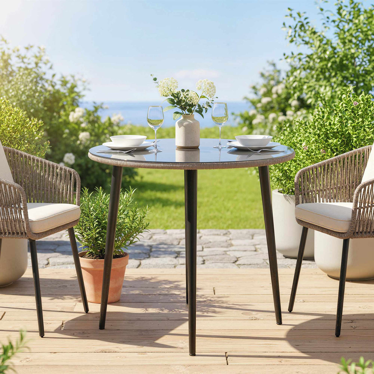 Ronde eettafel voor buiten, 80 cm, glas en rotan