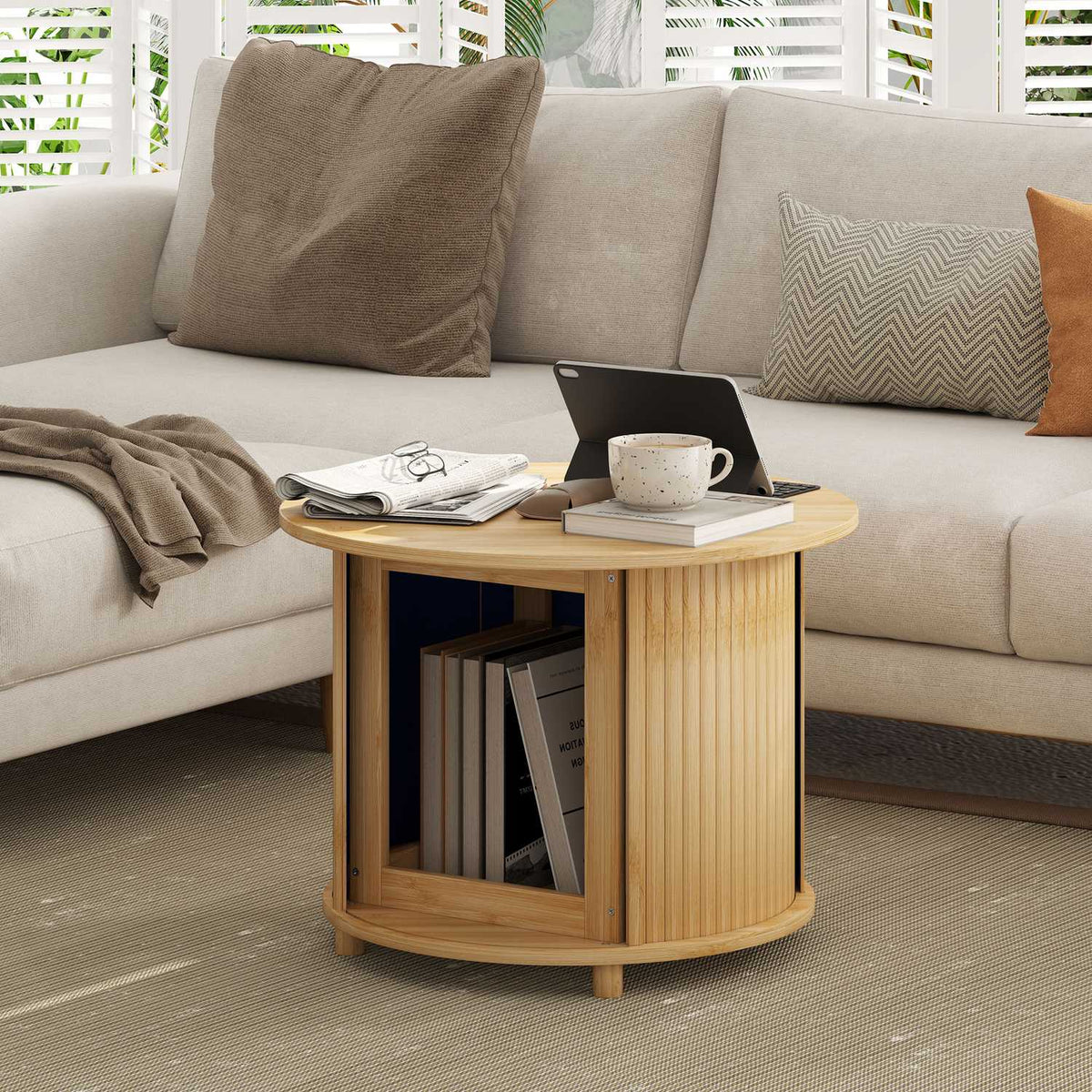 Ronde bamboe salontafel met opbergruimte – modern design