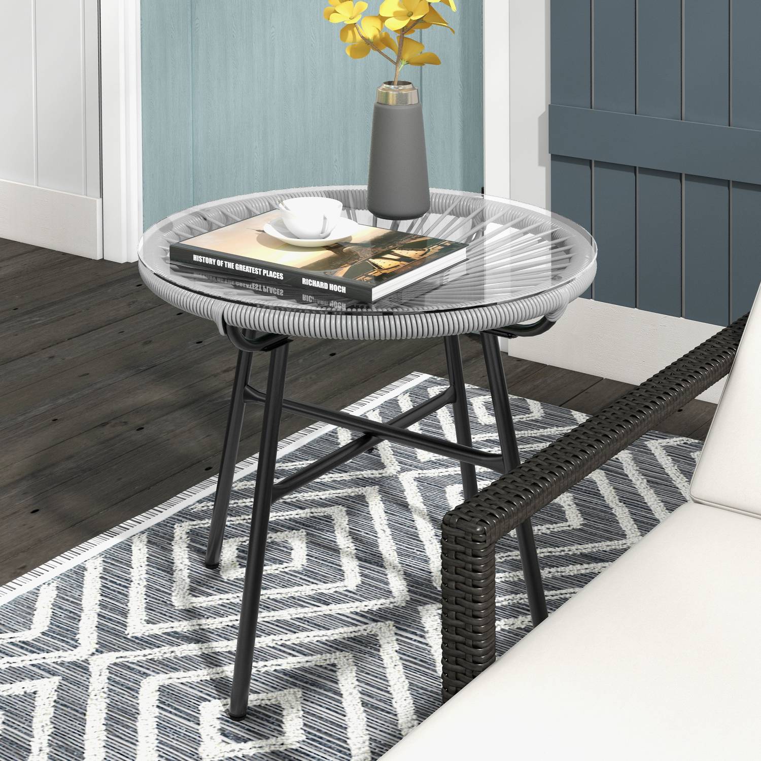 Ronde salontafel van rotan – Glazen blad, 50x50x50cm, zwart/grijs