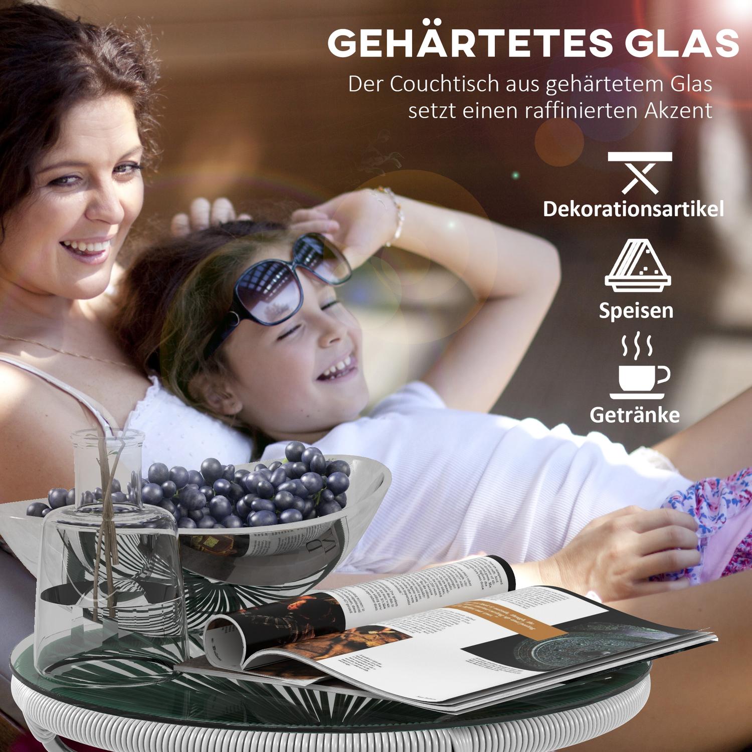 Ronde salontafel van rotan – Glazen blad, 50x50x50cm, zwart/grijs