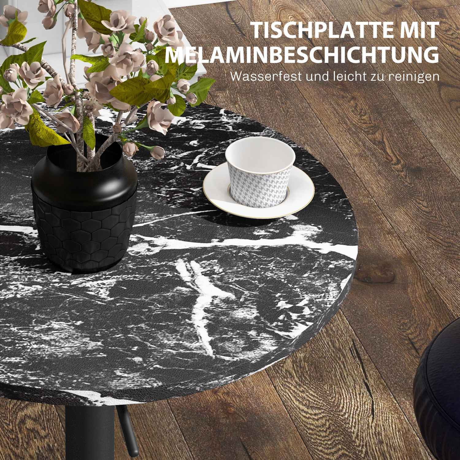 Ronde zwarte eettafel, marmerlook – verstelbaar Ø60 x 68-93,5 cm