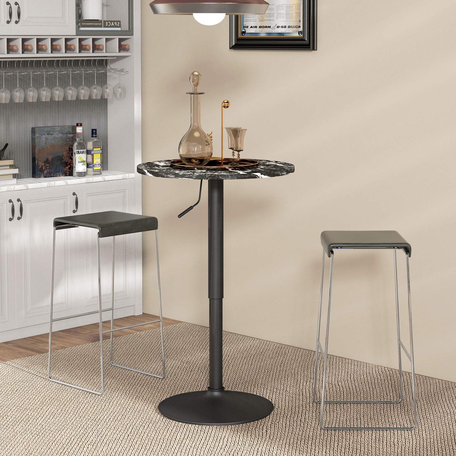 Ronde zwarte eettafel, marmerlook – verstelbaar Ø60 x 68-93,5 cm