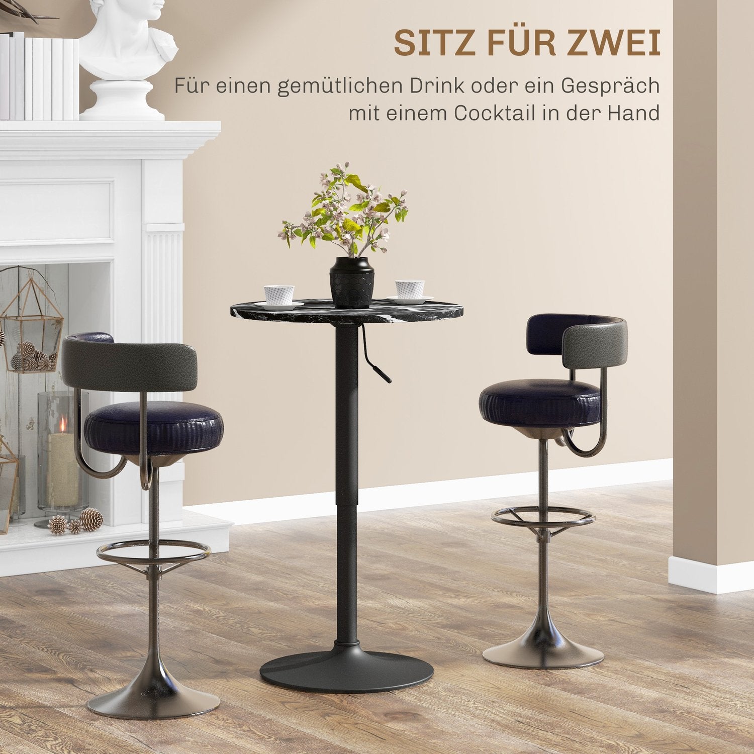 Ronde zwarte eettafel, marmerlook – verstelbaar Ø60 x 68-93,5 cm