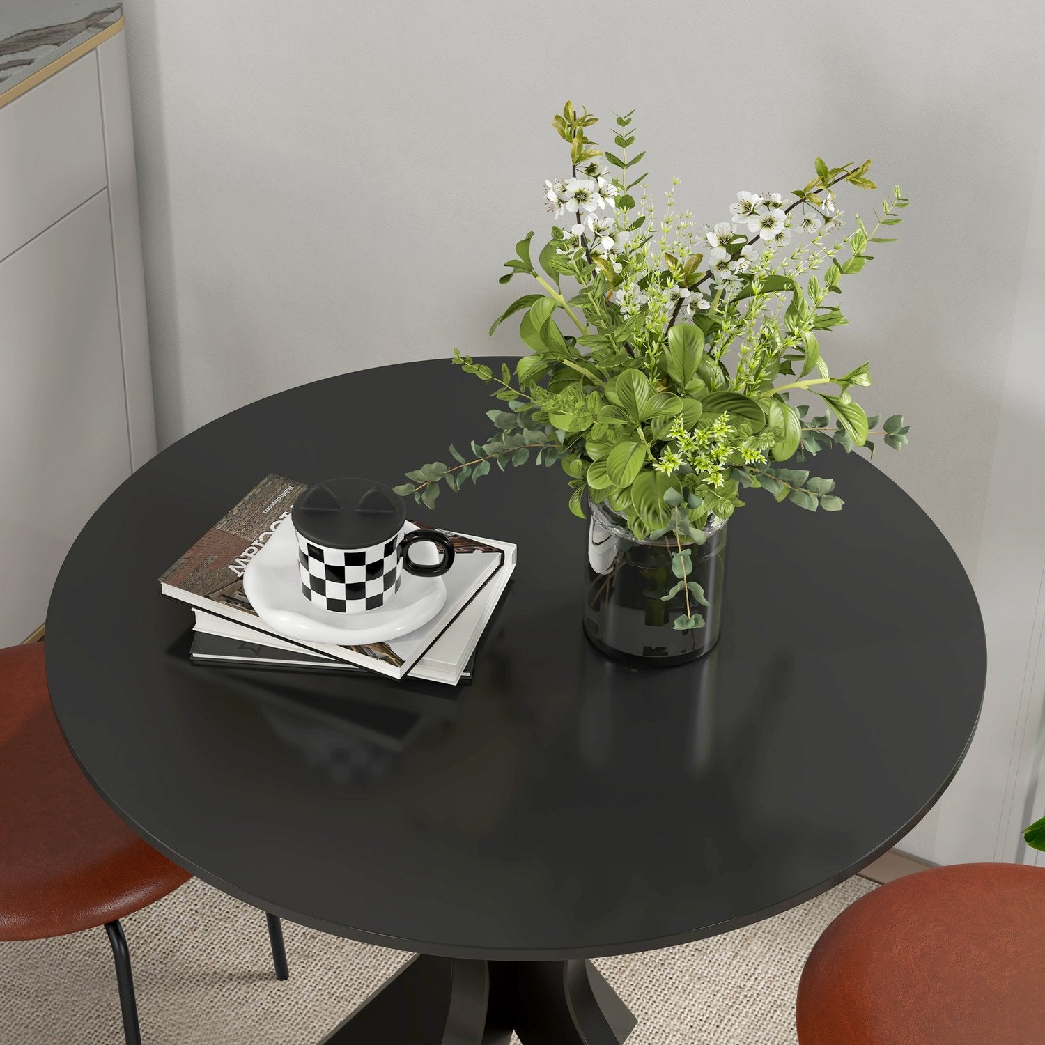 Ronde zwarte eettafel, modern stalen onderstel, Ø78 x 75 cm