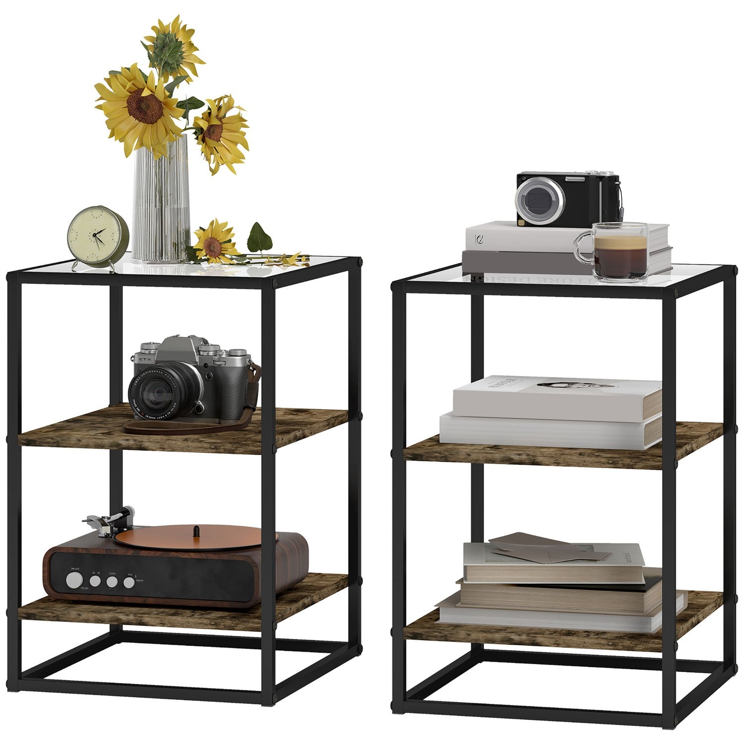 Rustieke bruine 3-laags glazen salontafel - set van 2