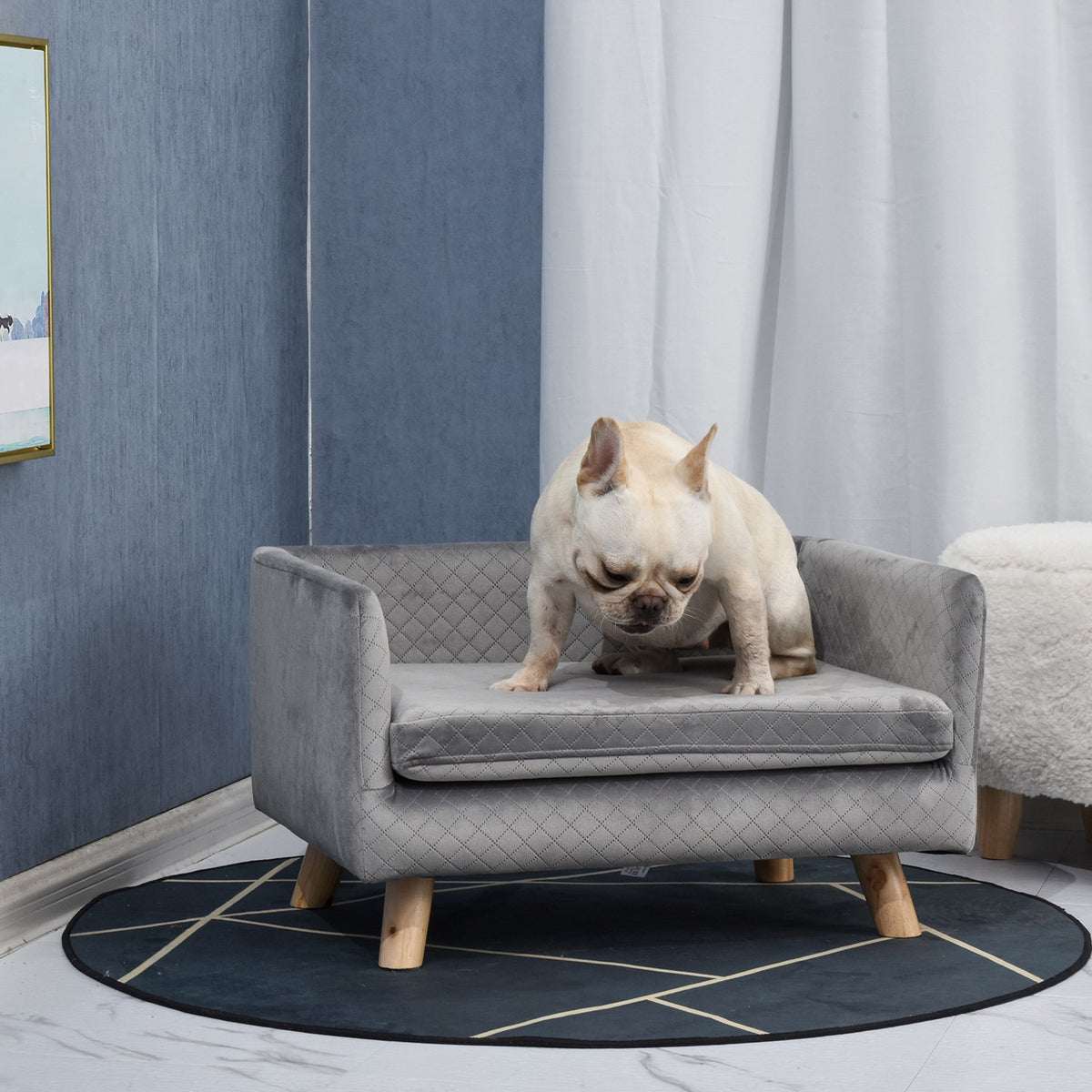 Velvet hondenbank voor kleine honden, houten poten, grijs