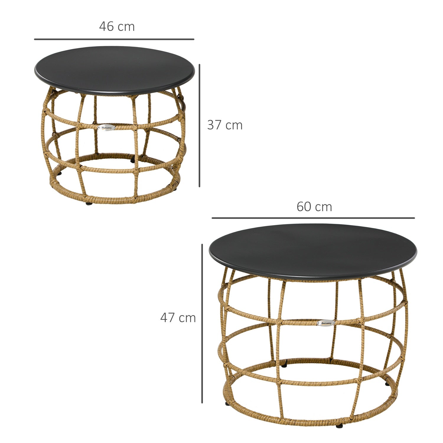 Set van 2 handgeweven bijzettafels, Ø46+Ø60 cm, zandkleur