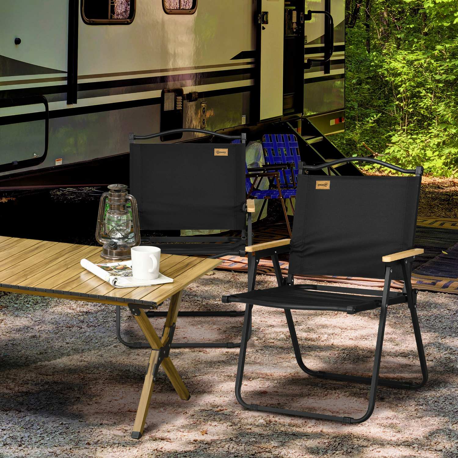 Set van 2 opvouwbare campingstoelen, zwart stalen frame