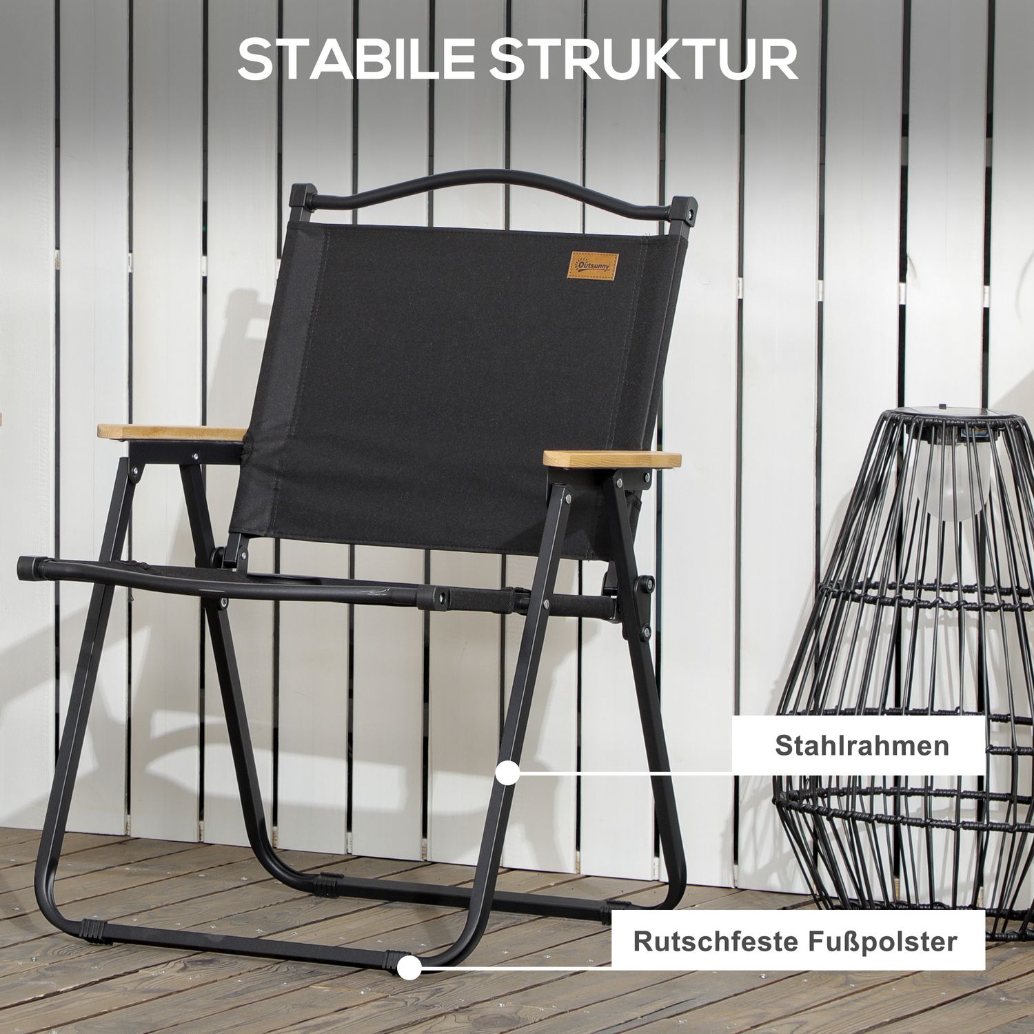 Set van 2 opvouwbare campingstoelen, zwart stalen frame