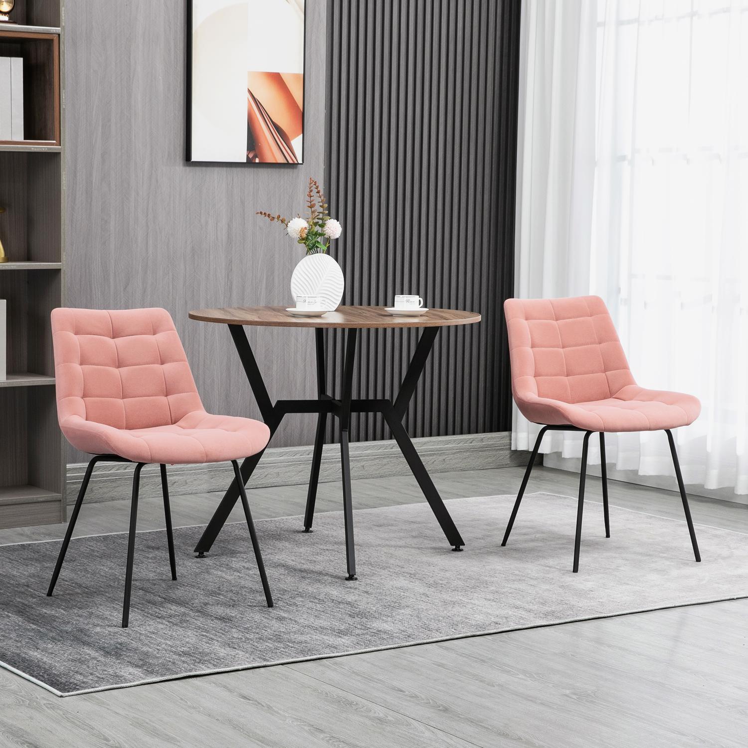 Set van 2 fluwelen eetkamerstoelen, roze, retrodesign, stalen poten