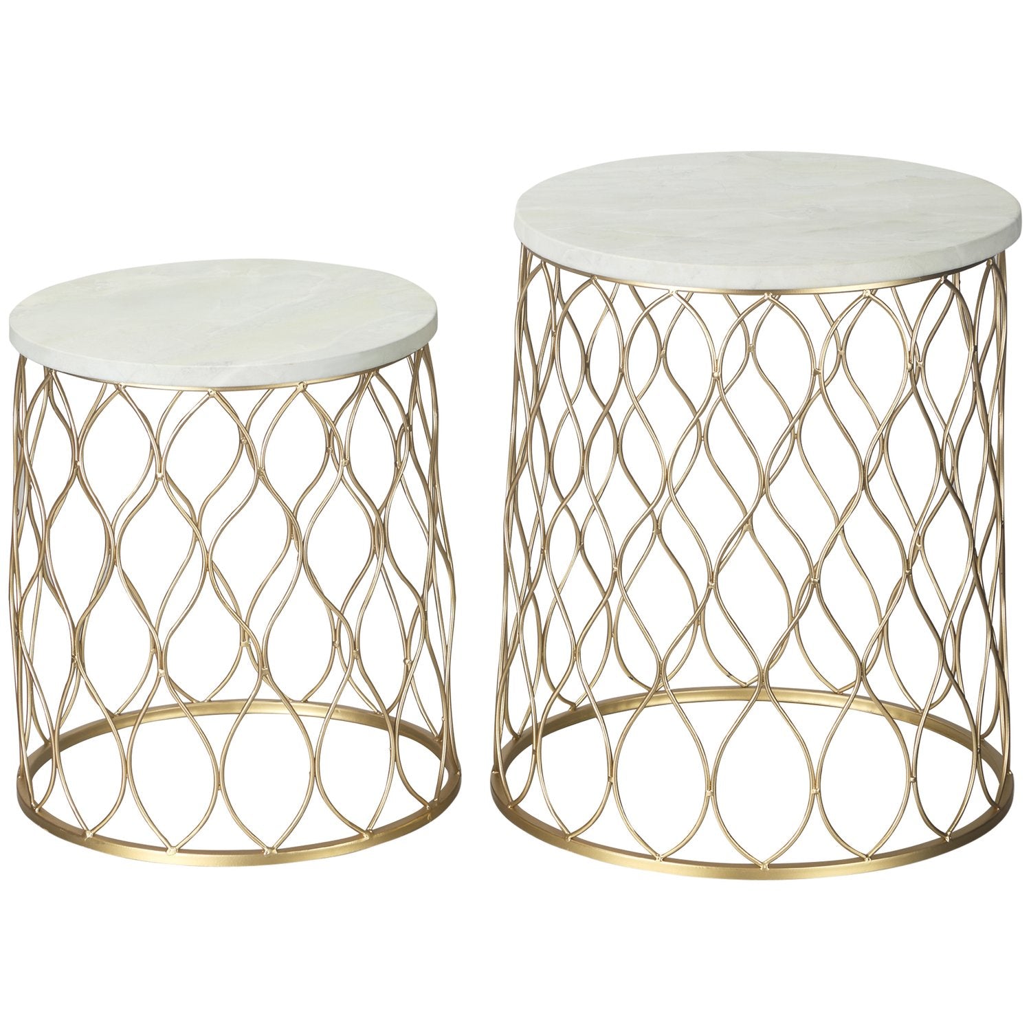 Set van 2 metalen bijzettafels voor buiten, goud & wit design