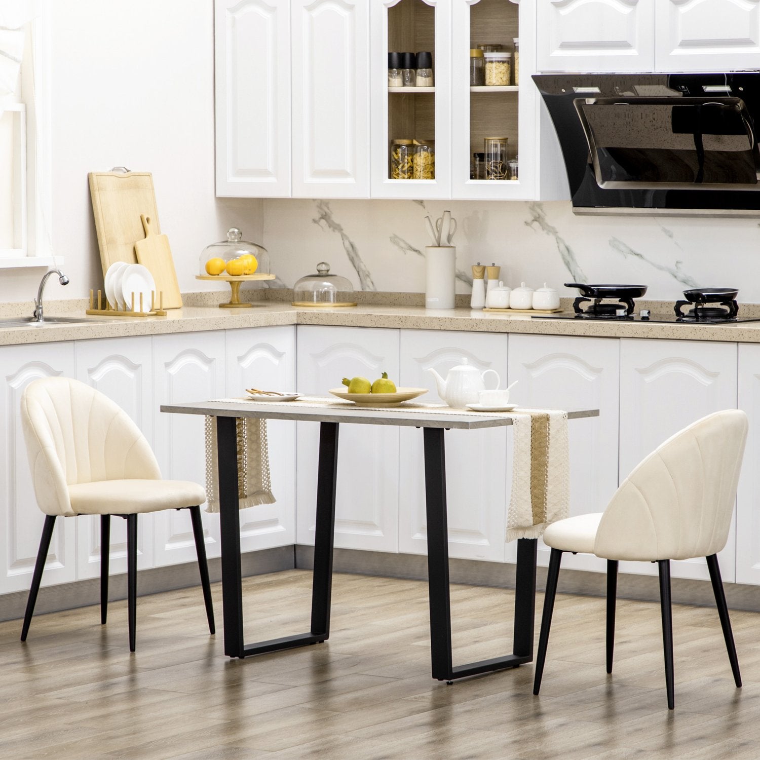 Set van 2 gestoffeerde eetkamerstoelen, Fluweellook, Crème