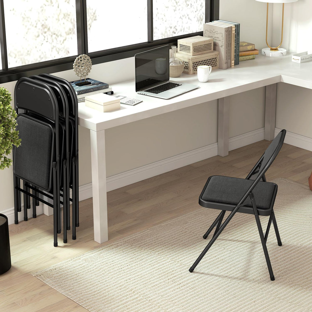 Set van 4 klapstoelen, draagbare bureaustoelen, metalen poten, klapstoel voor kantoor, receptie, wachtkamer, linnenlook, zwart