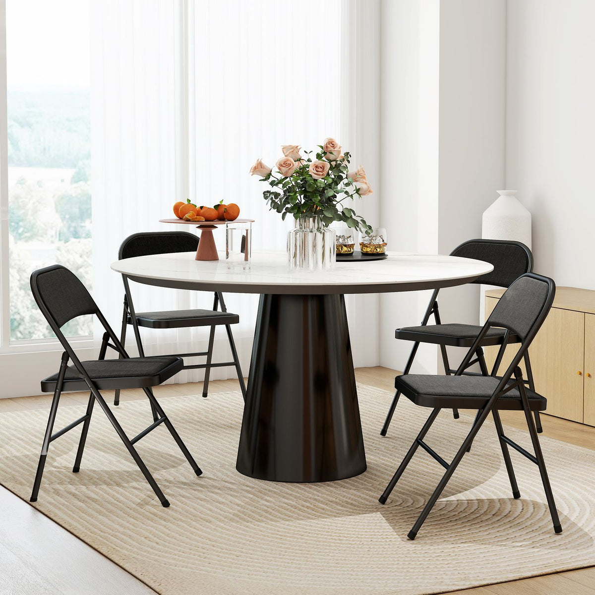 Set van 4 klapstoelen, draagbare bureaustoelen, metalen poten, klapstoel voor kantoor, receptie, wachtkamer, linnenlook, zwart