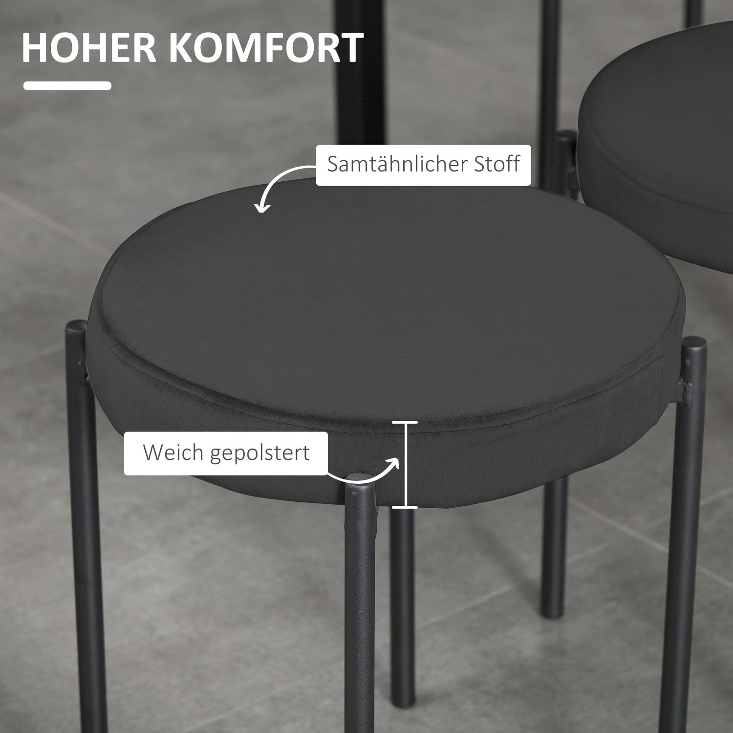4er Set stapelbare Sitzhocker aus Samt, schwarz, gepolsterter Sitz