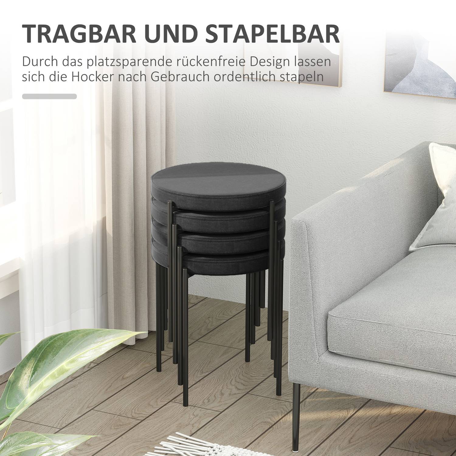 4er Set stapelbare Sitzhocker aus Samt, schwarz, gepolsterter Sitz
