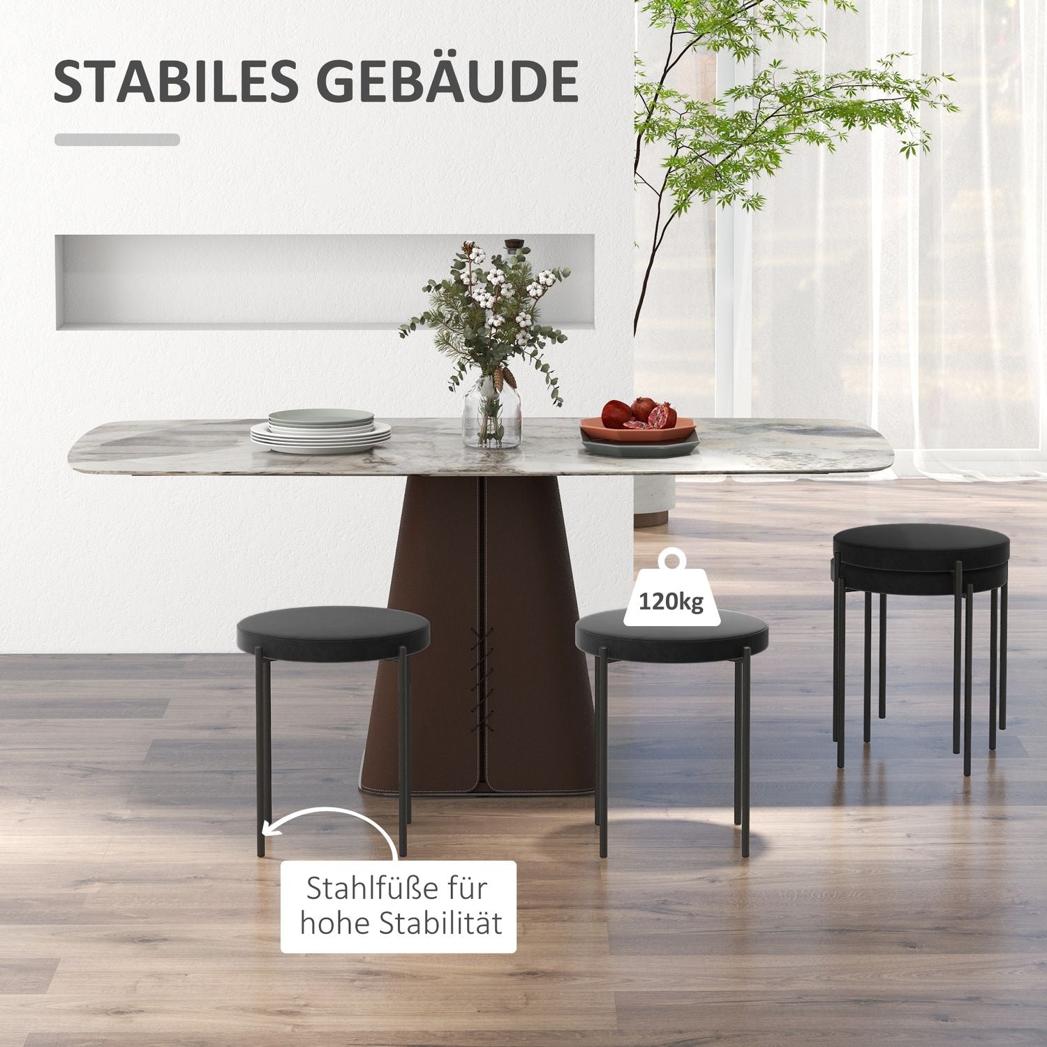 4er Set stapelbare Sitzhocker aus Samt, schwarz, gepolsterter Sitz