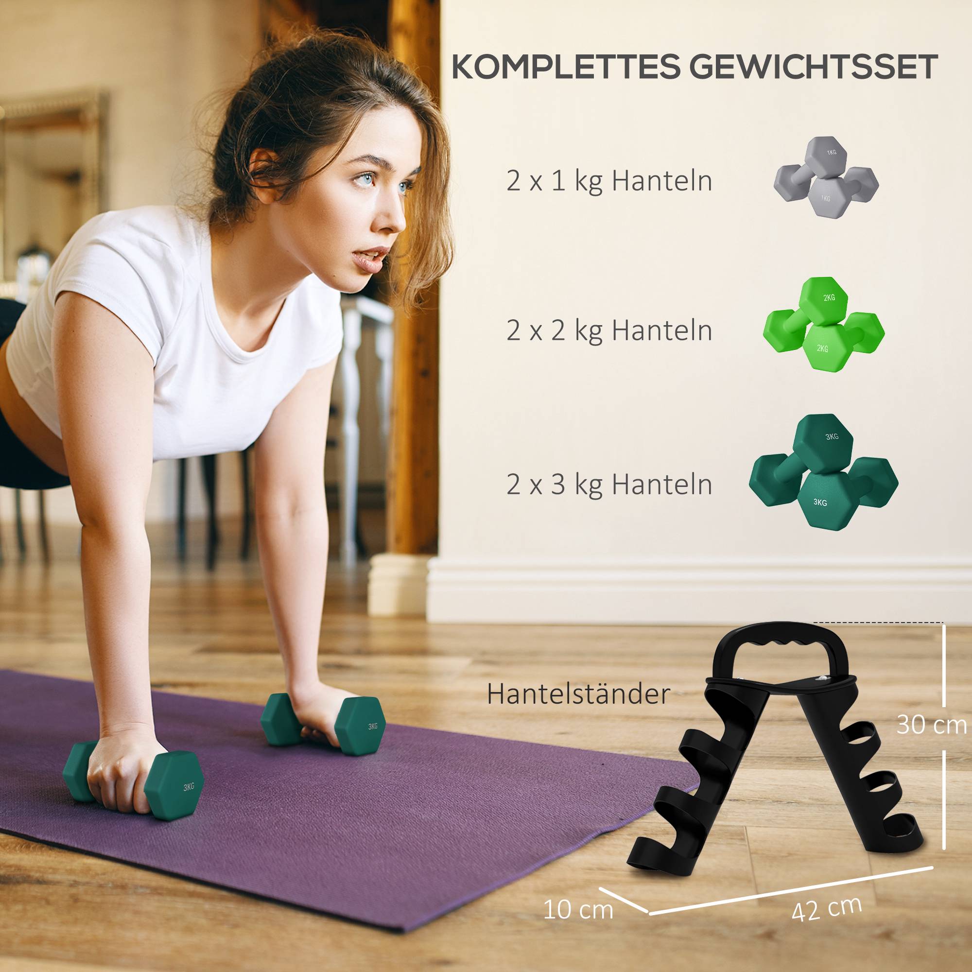 Sexkantshantelset med ställ – 1 kg, 2 kg, 3 kg par