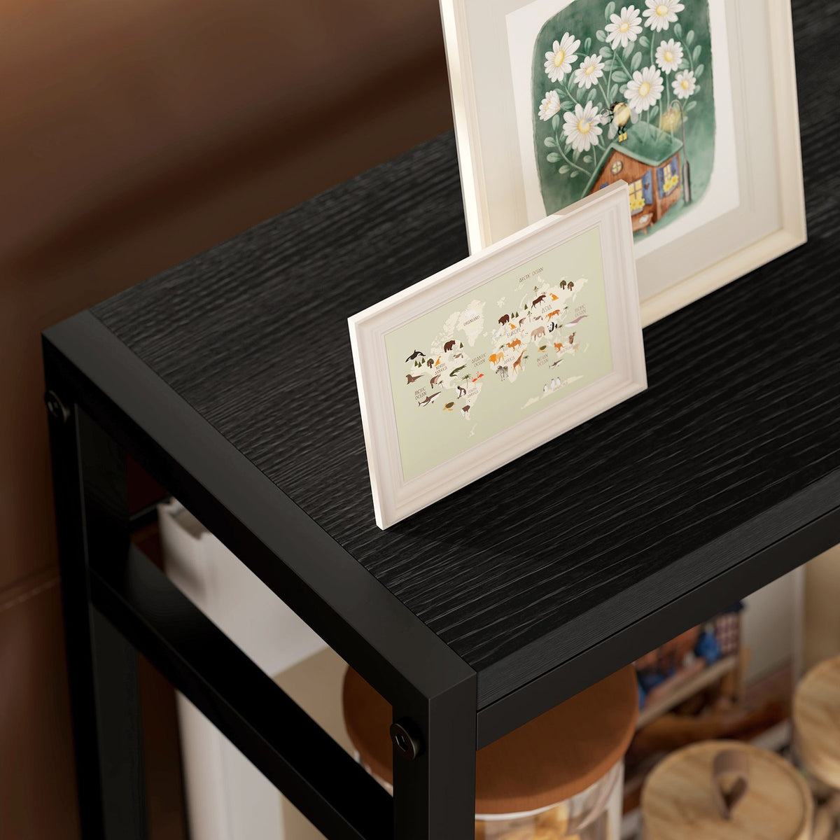 Bijzettafel, 3-laags design, planken met houteffect, stalen frame, zwart